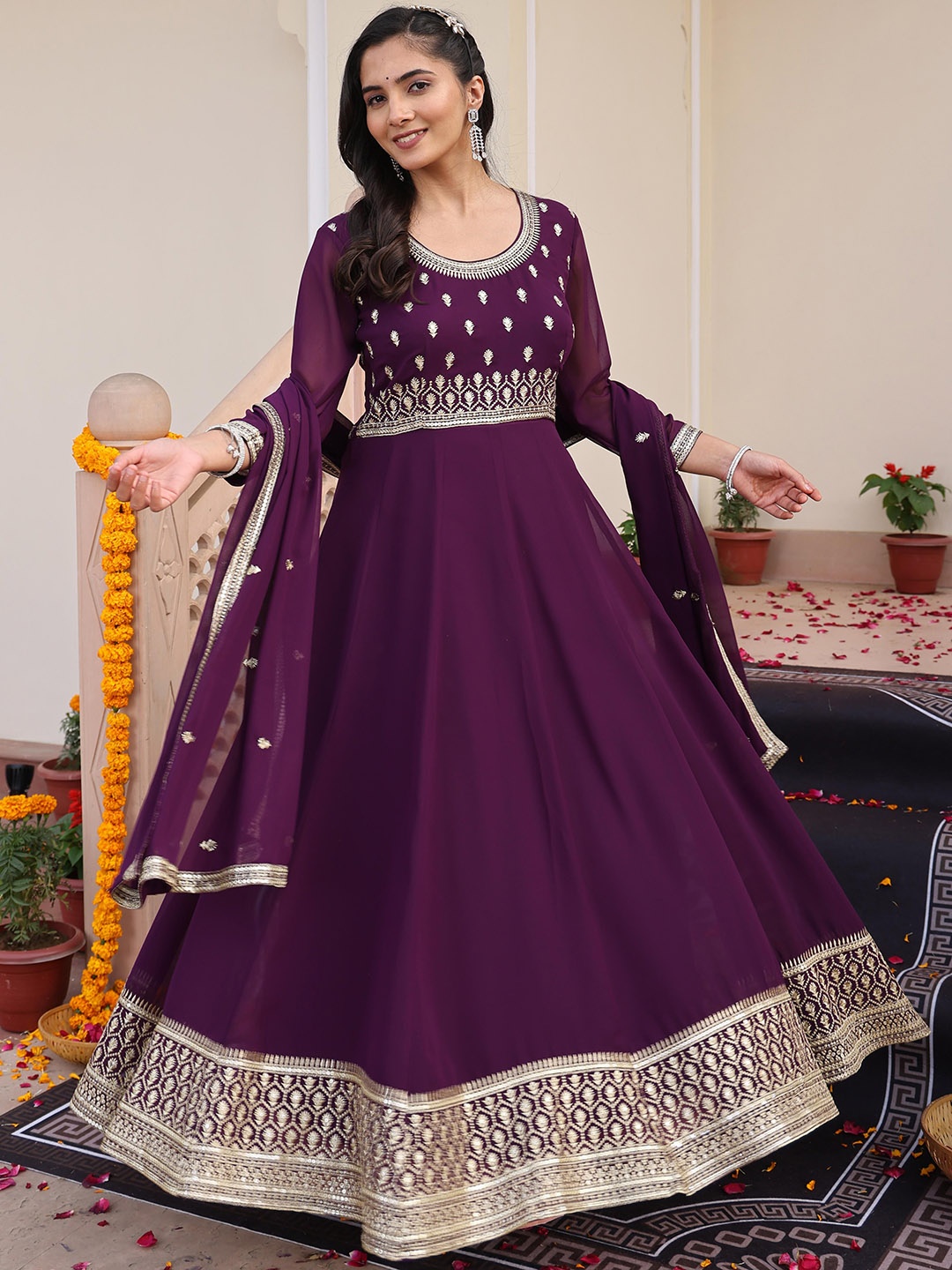 

Warthy Ent Floral Embroidered Anarkali Ethnic Dress With Dupatta, Purple