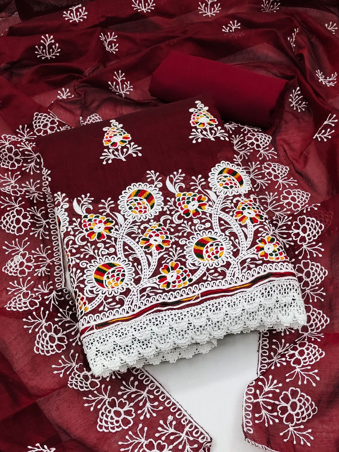 

Rangtulika Ethnics Floral Embroidered Unstitched Dress Material, Maroon