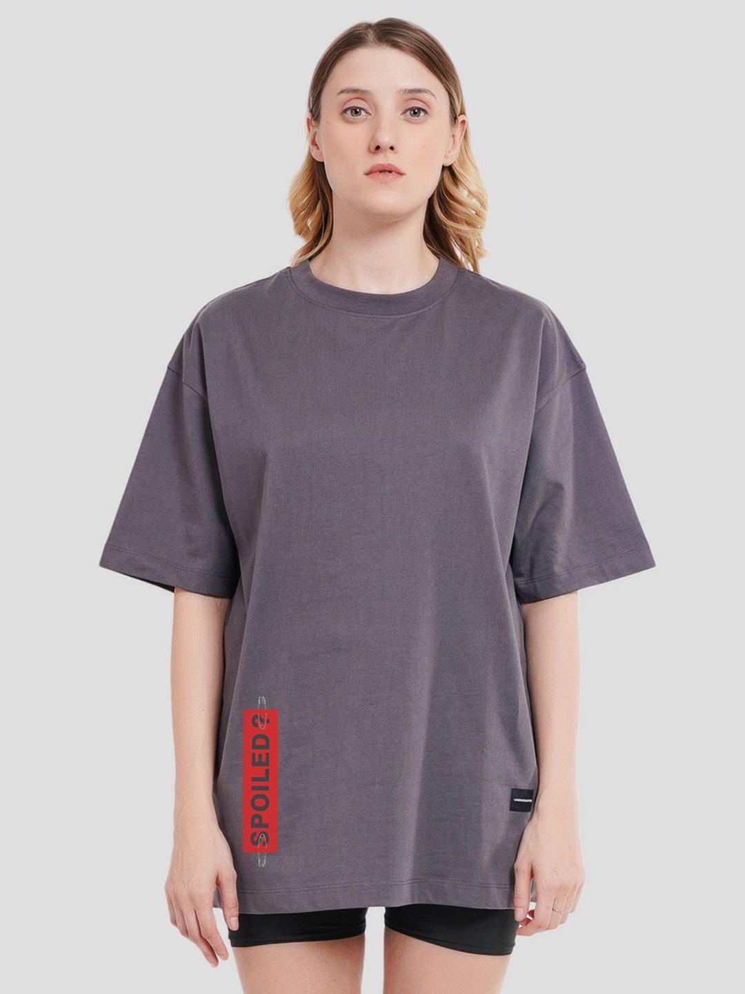 

Underrated Club Women Bio Finish Graphic Printed Round Neck Cotton Oversized T-shirt, Grey