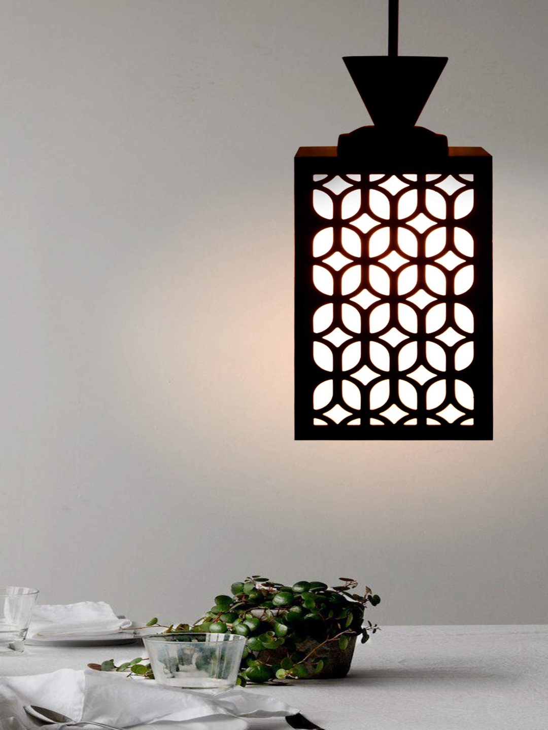 

Gojeeva Black & White Textured Wooden Rectangle Shaped Ceiling Lamp