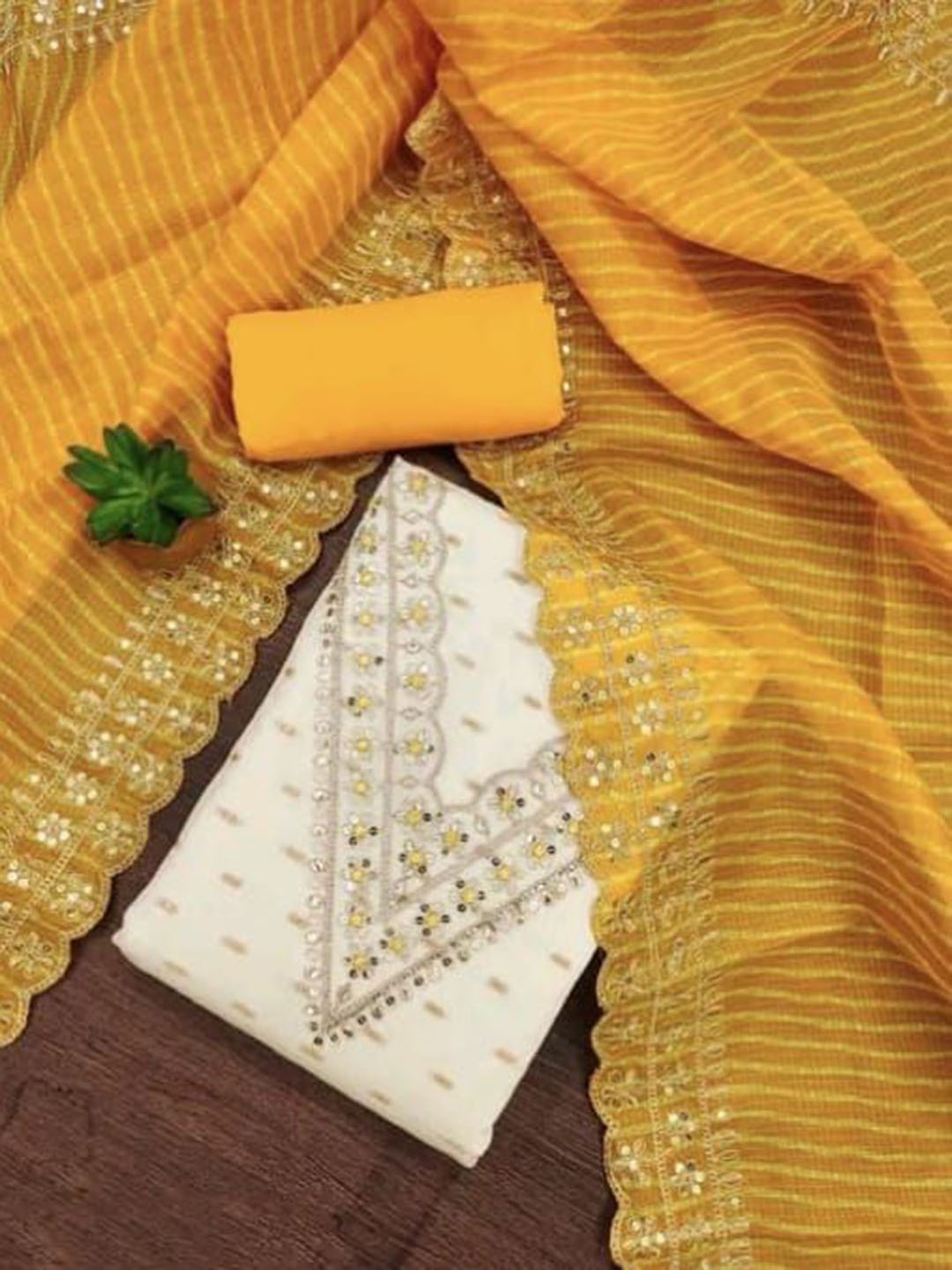 

Rangtulika Zari Floral Embroidered Chanderi Unstitched Dress Material, Cream