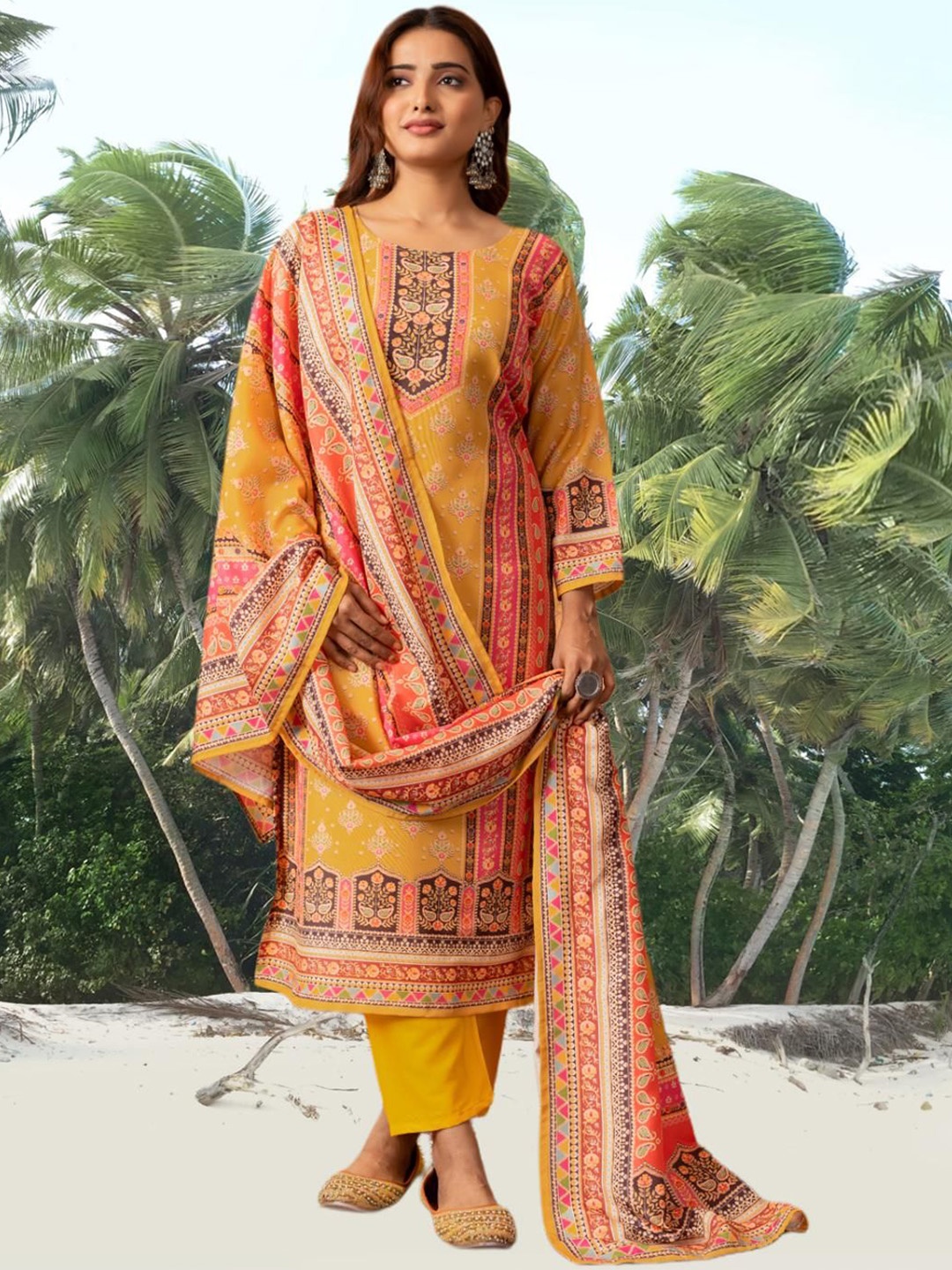 

FVD Women Floral Embroidered Regular Chanderi Silk Kurta with Salwar & With Dupatta, Yellow