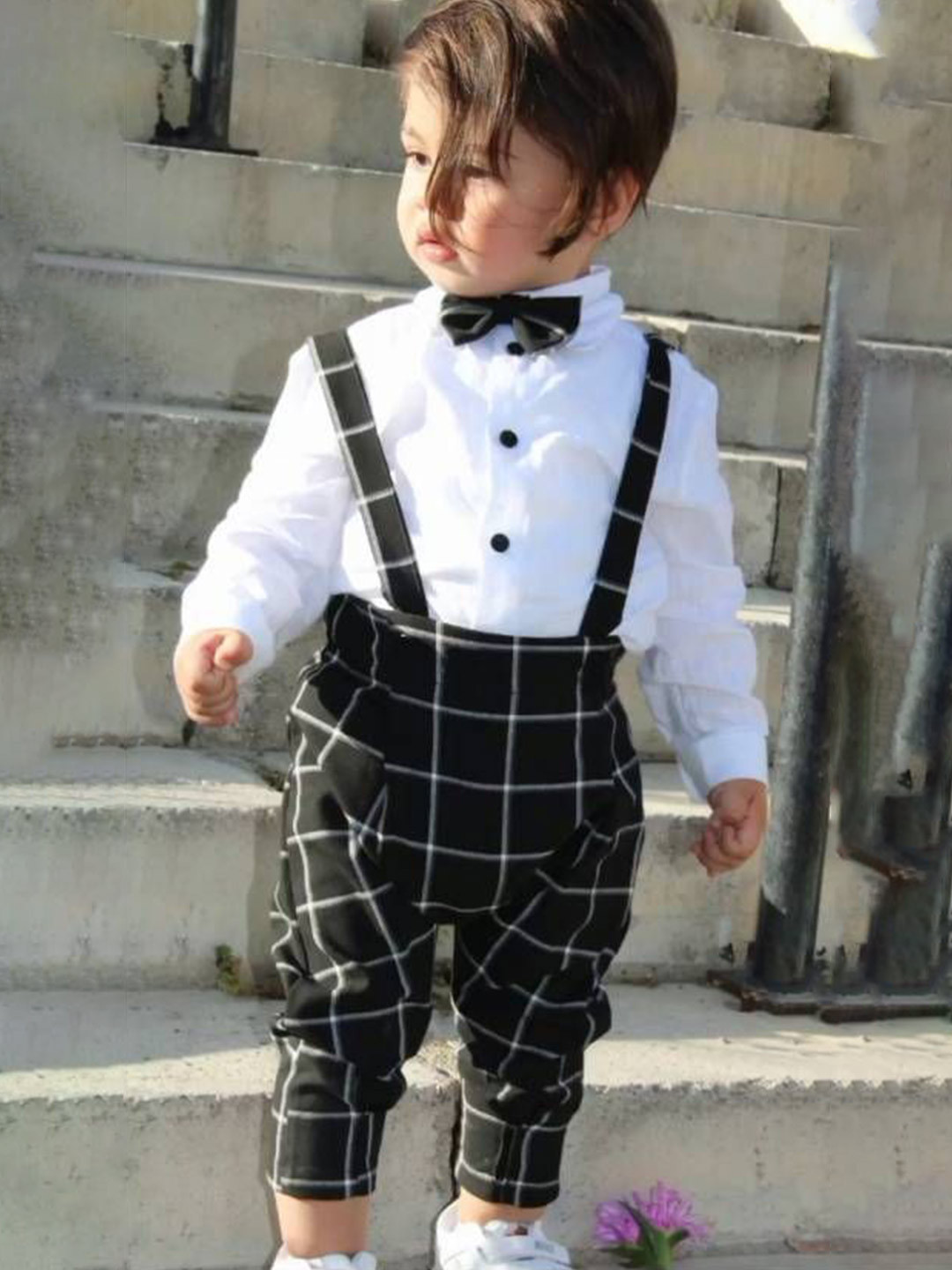 

Catty Boys Checked Shoulder Straps Dungaree With Shirt & Bow Tie, Black