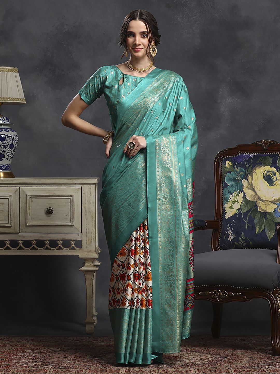 

Anouk Rustic Woven Design Zari Silk Blend Designer Ikat Saree, Blue