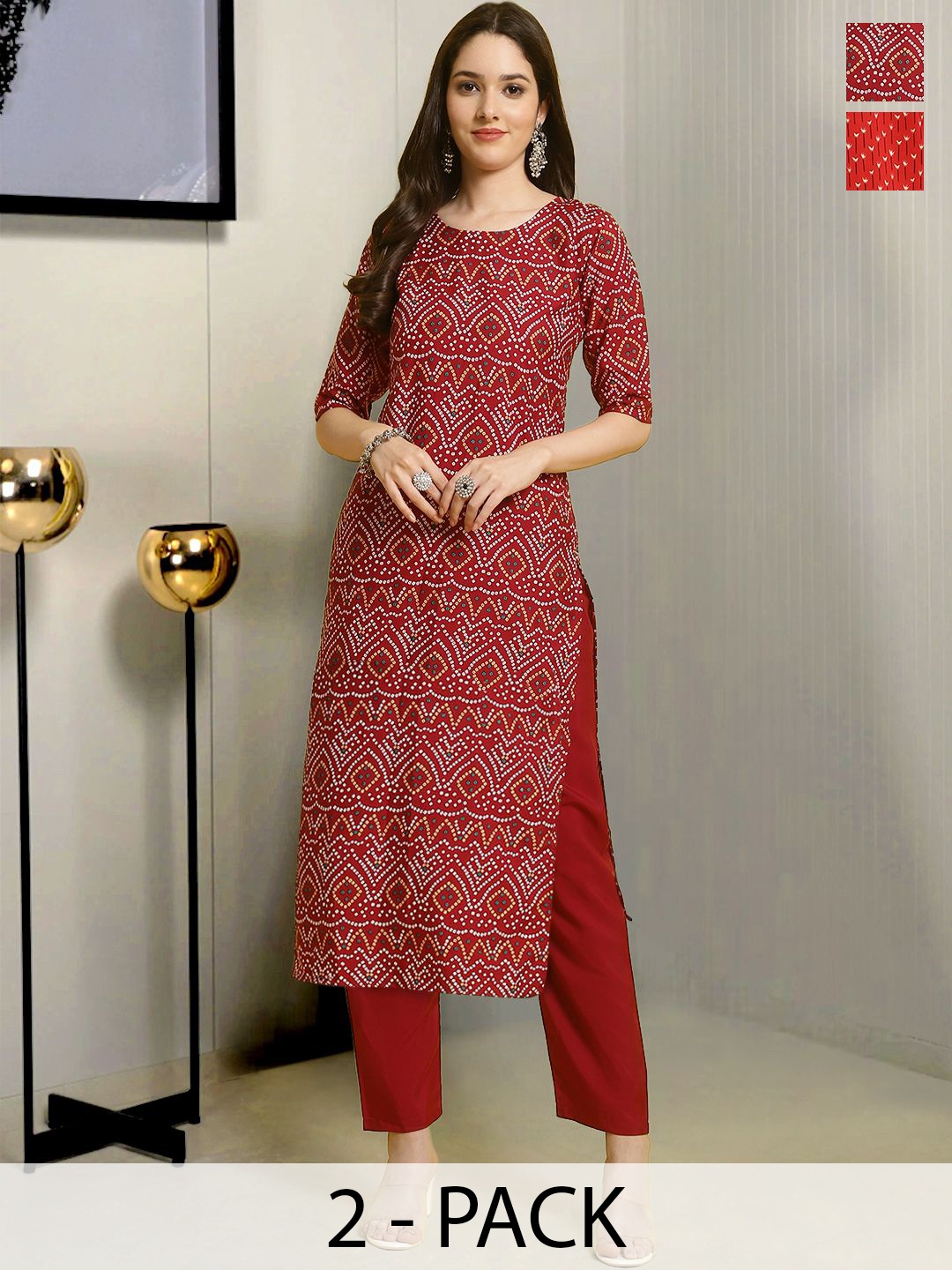 

Moda Rapido Selection Of 2 Bandhani Printed Round Neck Straight Kurta With Trousers, Red