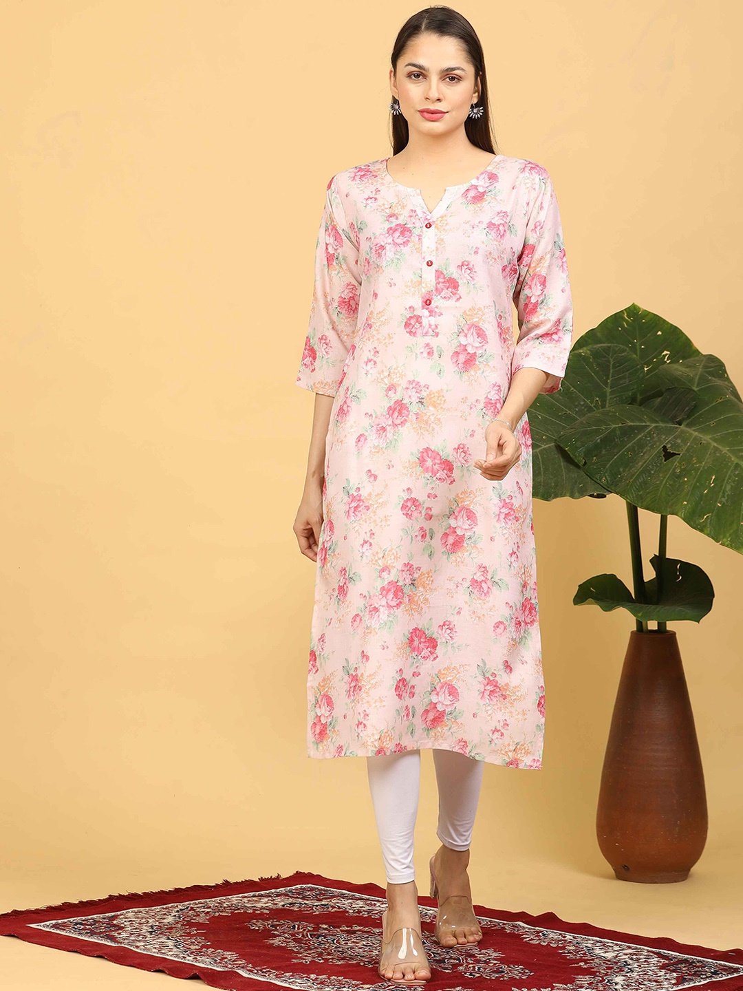 

GOLDSTROMS Printed Linen Straight Kurta, Peach