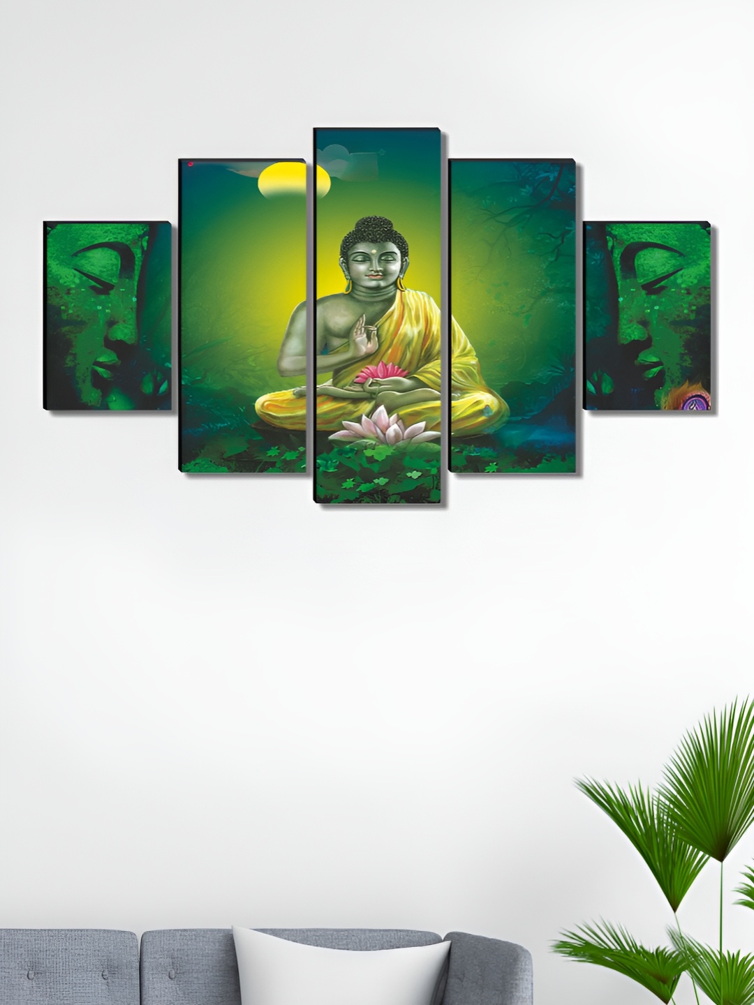 

Aura Green & Yellow 5 Pieces Buddha Canvas Religious Wall Paintings