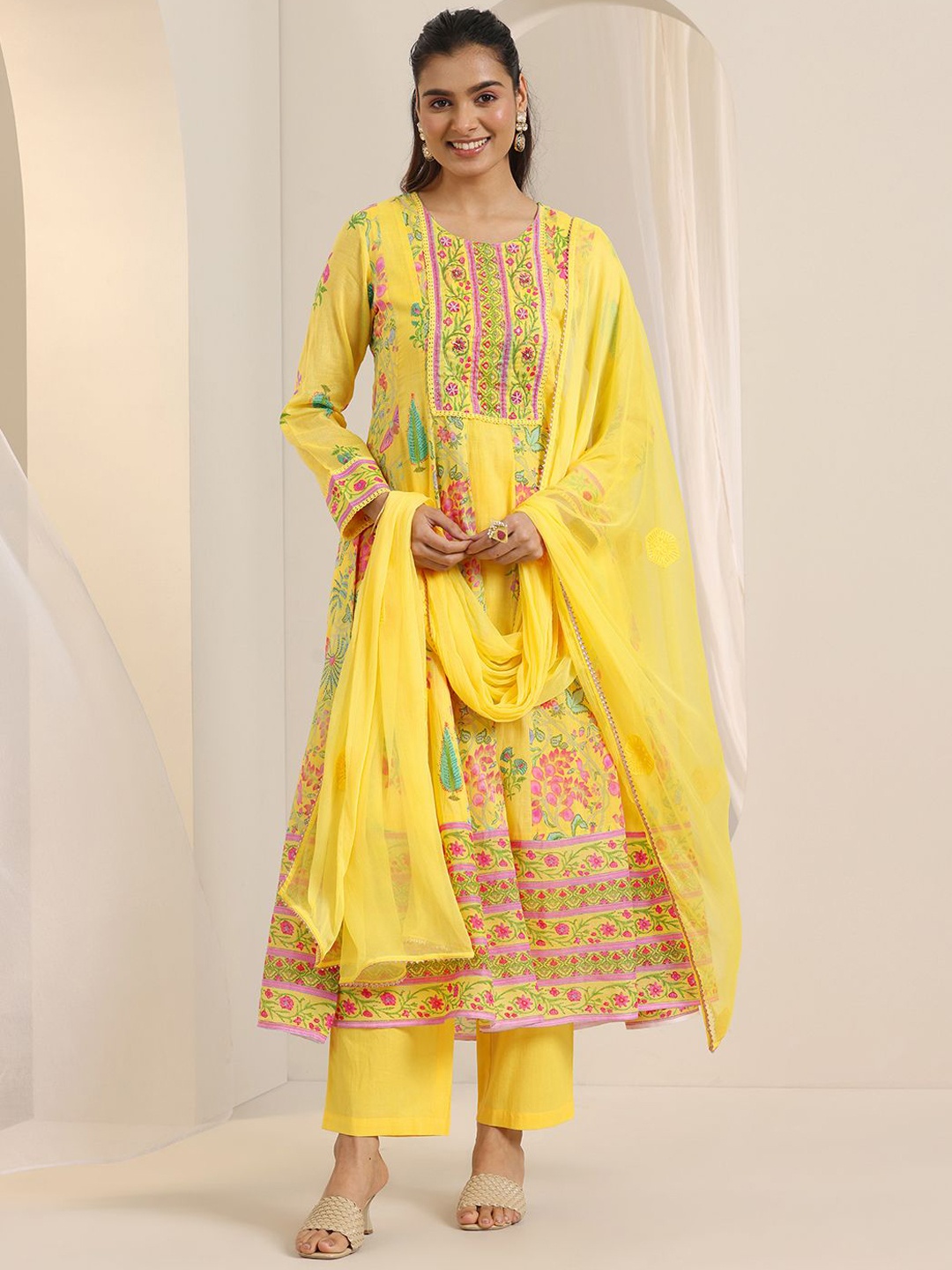 

Libas Floral Printed Panelled Beads And Stone Work Anarkali Kurta With Trousers & Dupatta, Yellow