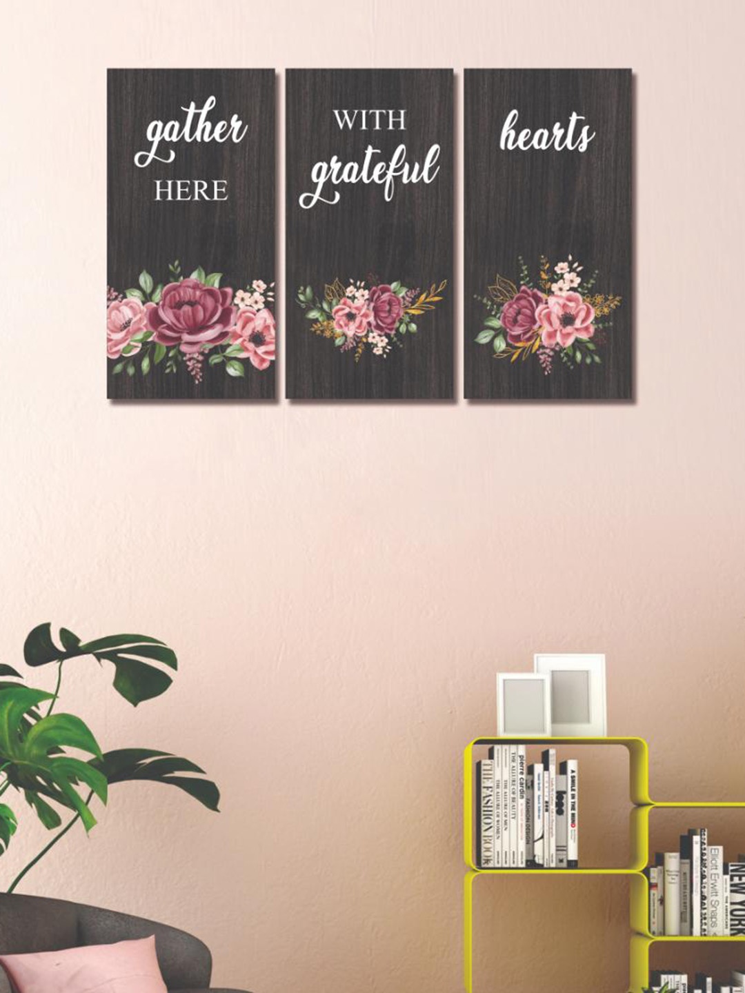 

CVANU Black & Pink 3 Pieces Floral Printed Wooden Wall Paintings