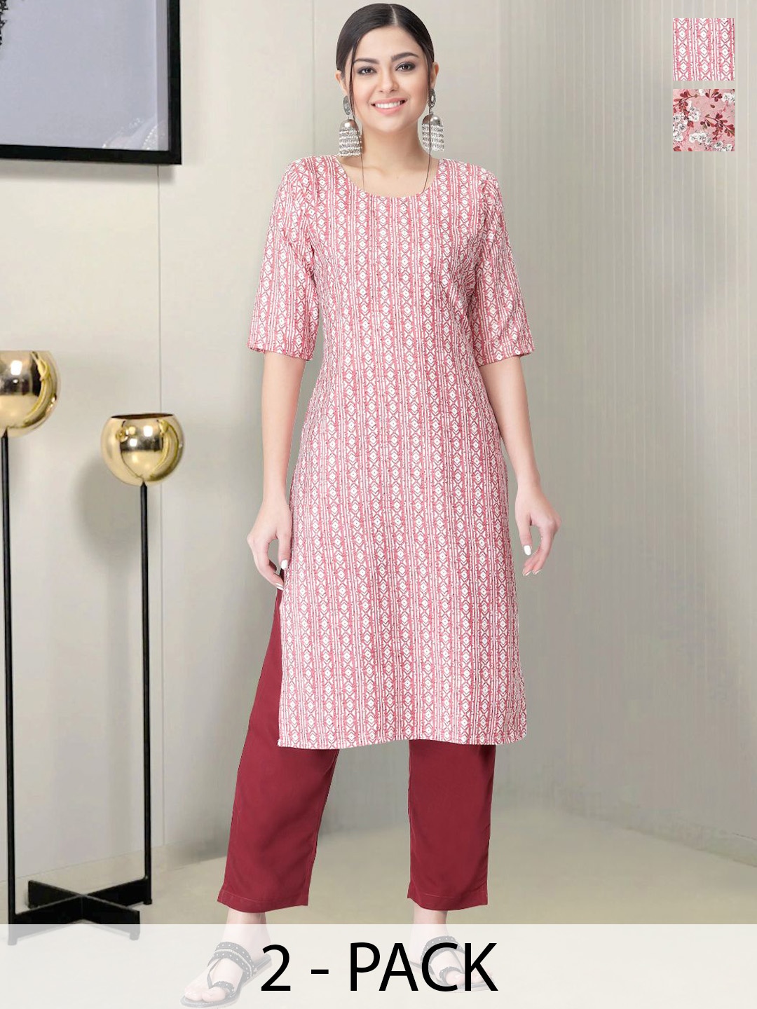 

Moda Rapido Selection Of 2 Geometric Printed Round Neck Straight Kurtas With Trousers, Red