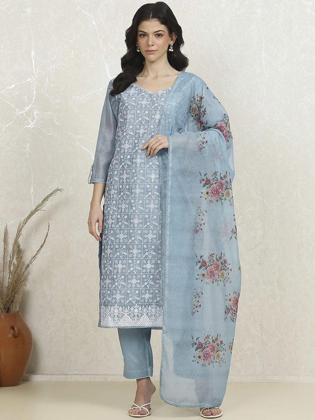 

Biba Floral Embroidered Thread Work Unstitched Dress Material, Blue