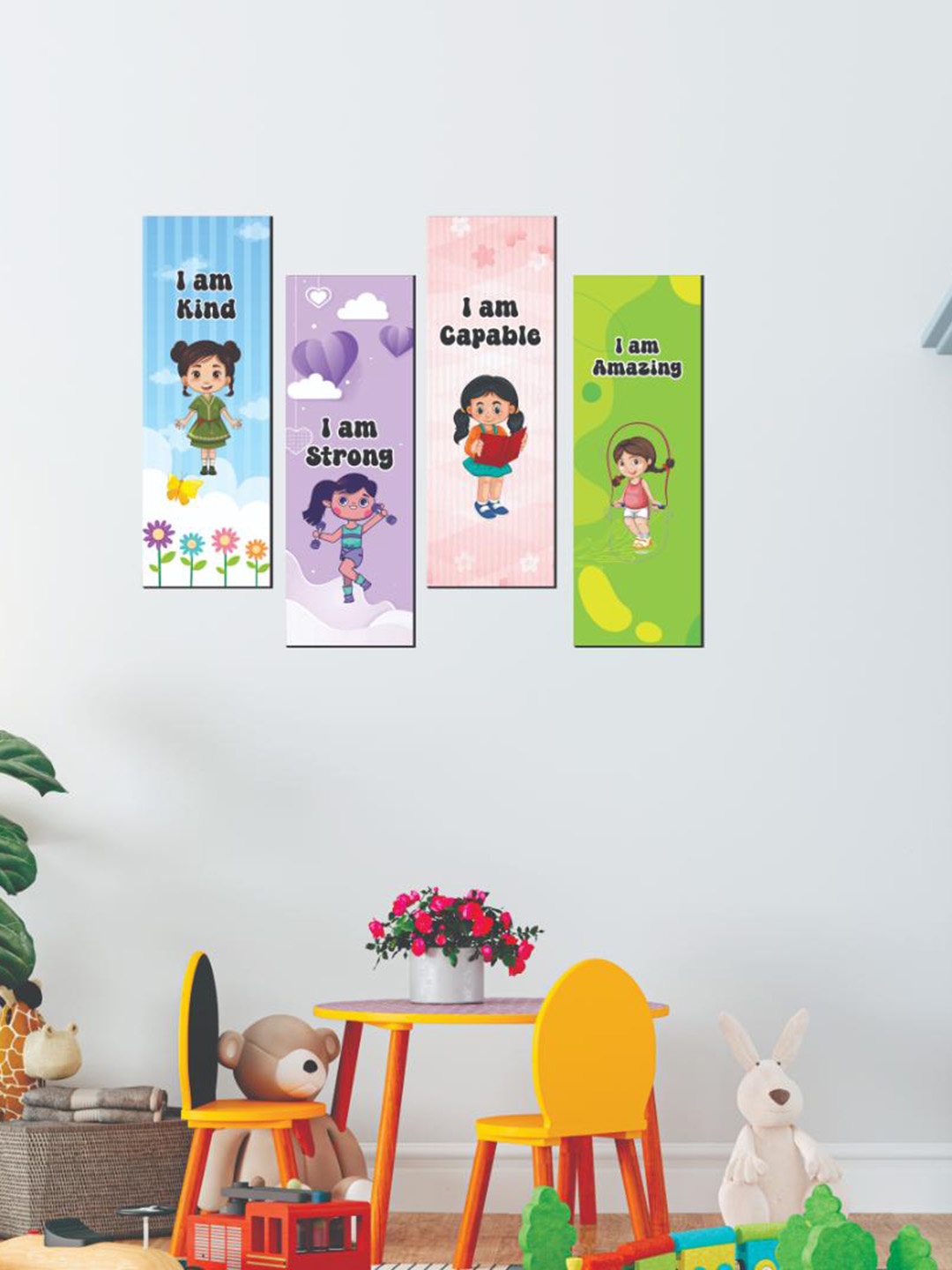

CVANU 4Pcs Blue & Purple Cartoon Characters Printed Wooden Wall Paintings