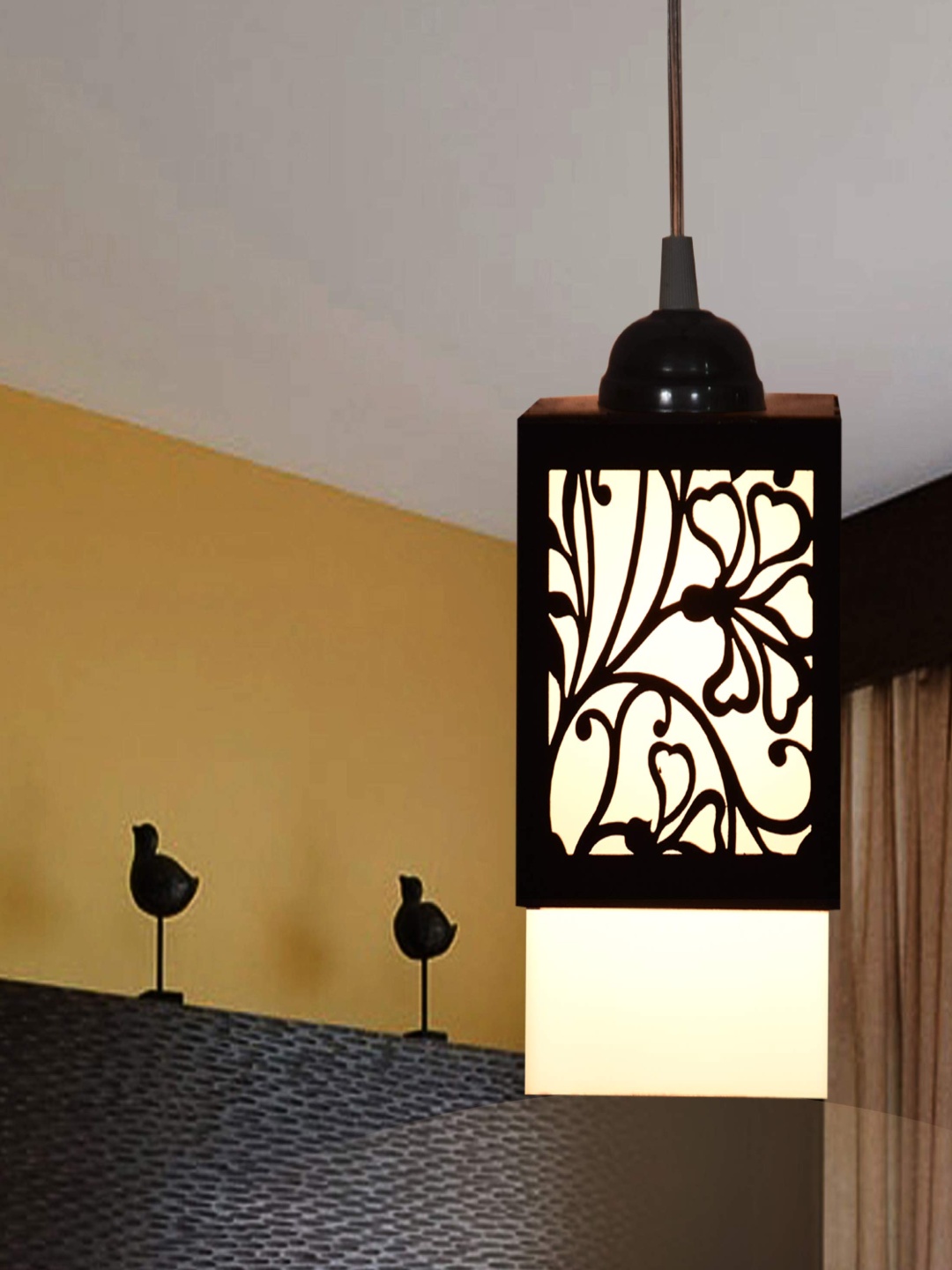 

Gojeeva Black & White Floral Textured Square Shaped Wooden Hanging Wall Lamp