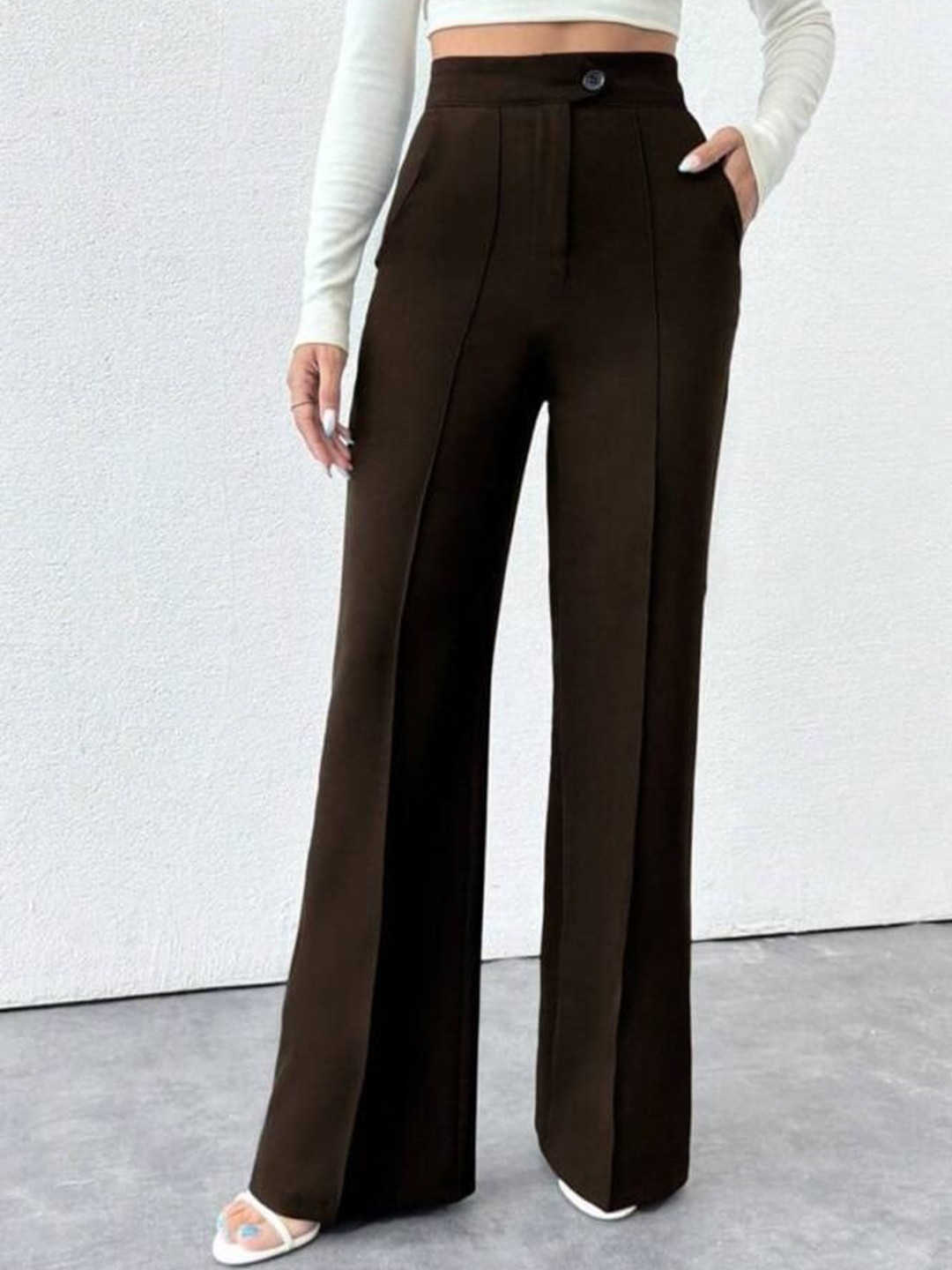 

BROADSTAR Women Smart Straight Fit High-Rise Easy Wash Pleated Trousers, Coffee brown
