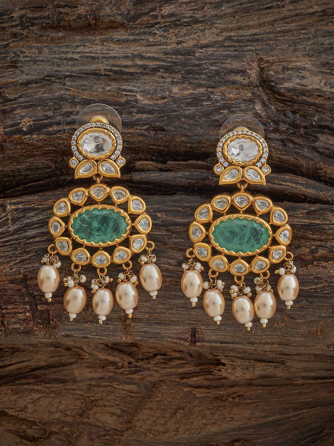 

Kushal's Fashion Jewellery Victorian-Plated Kundan Ethnic Oval Drop Earrings, Gold