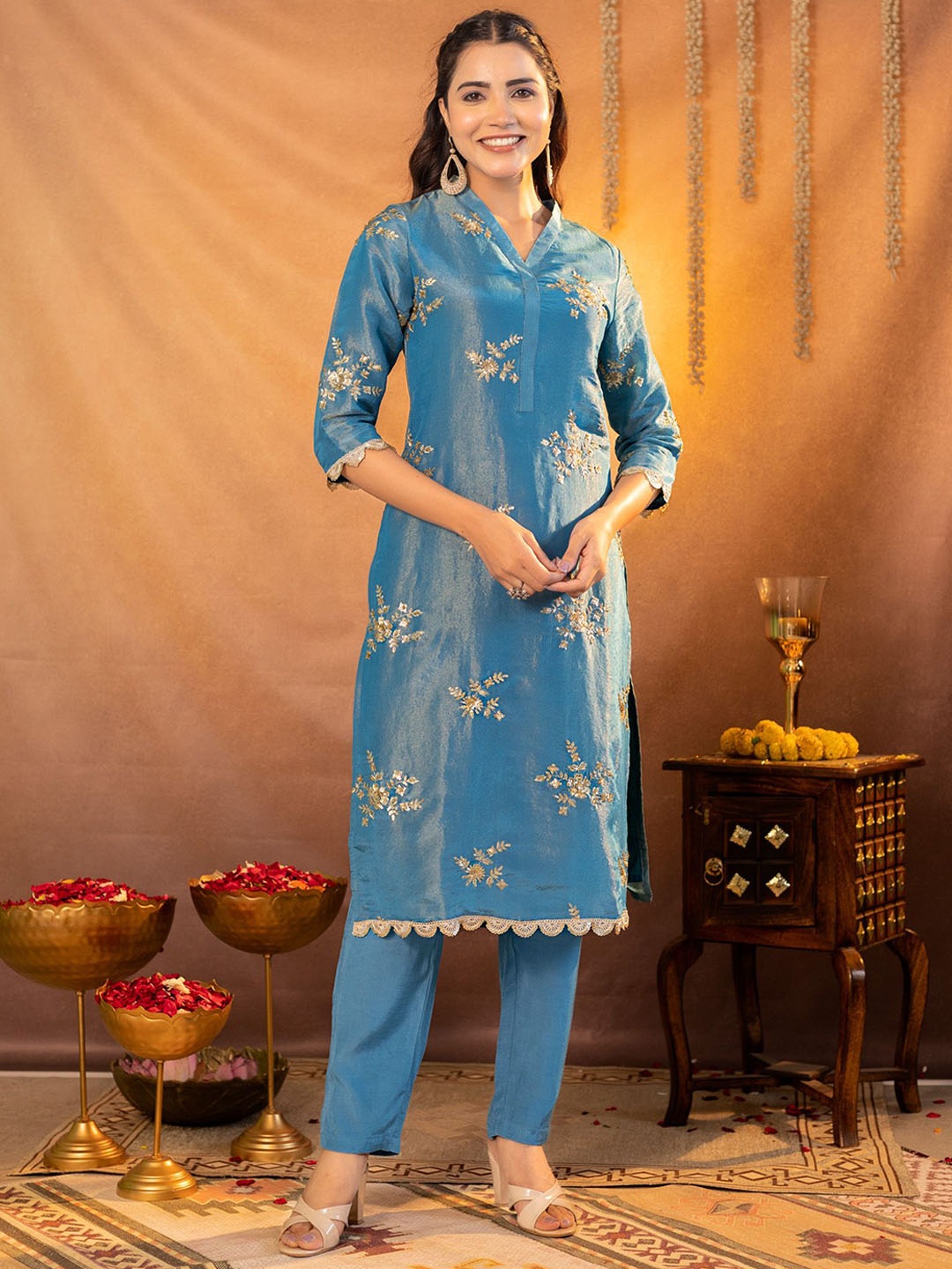 

KASYA Embroidered Sequinned Tunic With Trousers, Blue