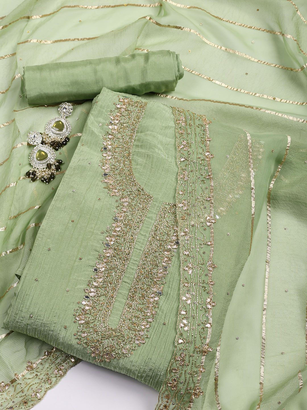 

Meena Bazaar Ethnic Motifs Embellished Unstitched Dress Material, Green