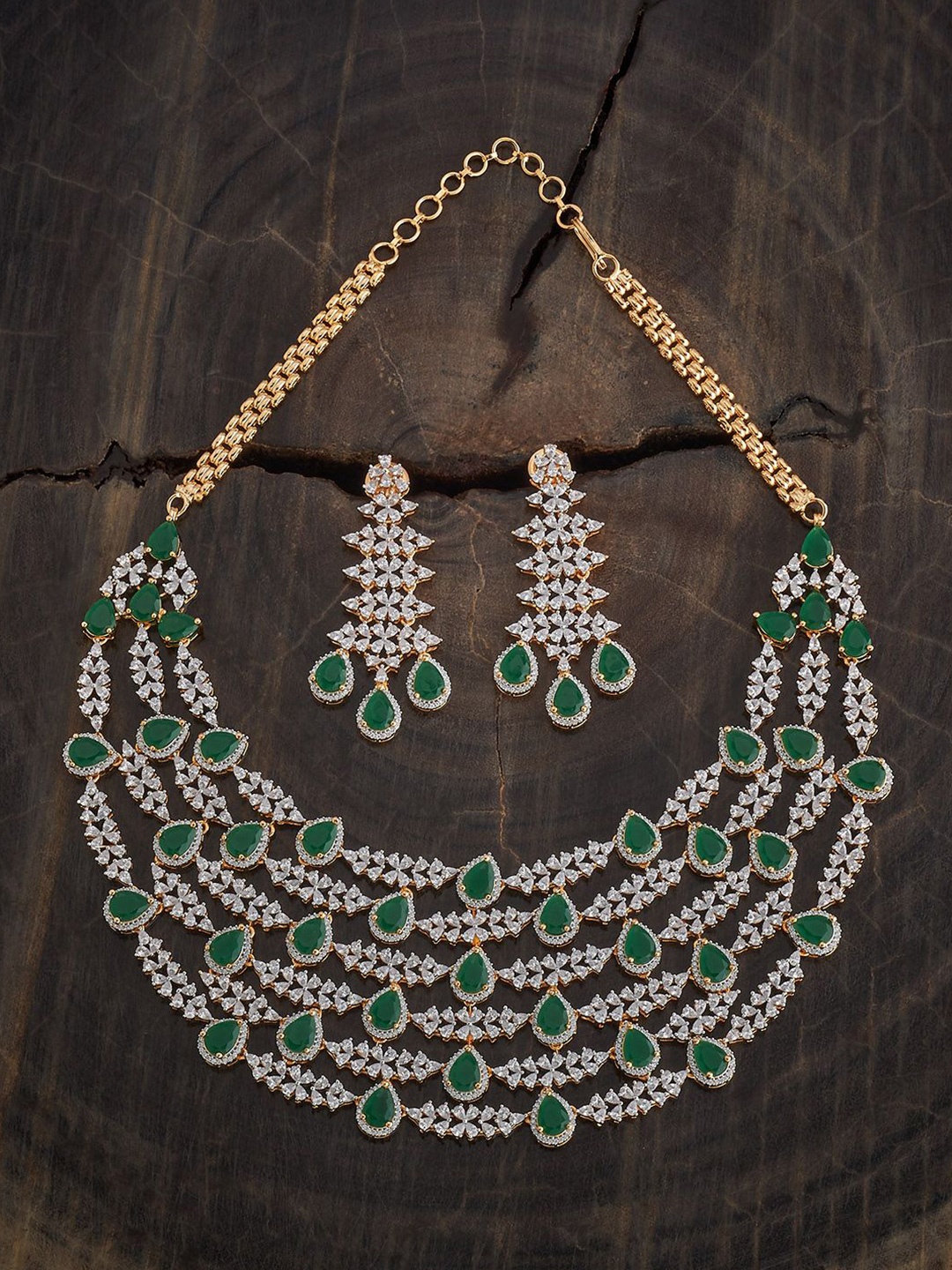 

Kushal's Fashion Jewellery Green Rhodium Gold-Plated Party Zircon Jewellery Set