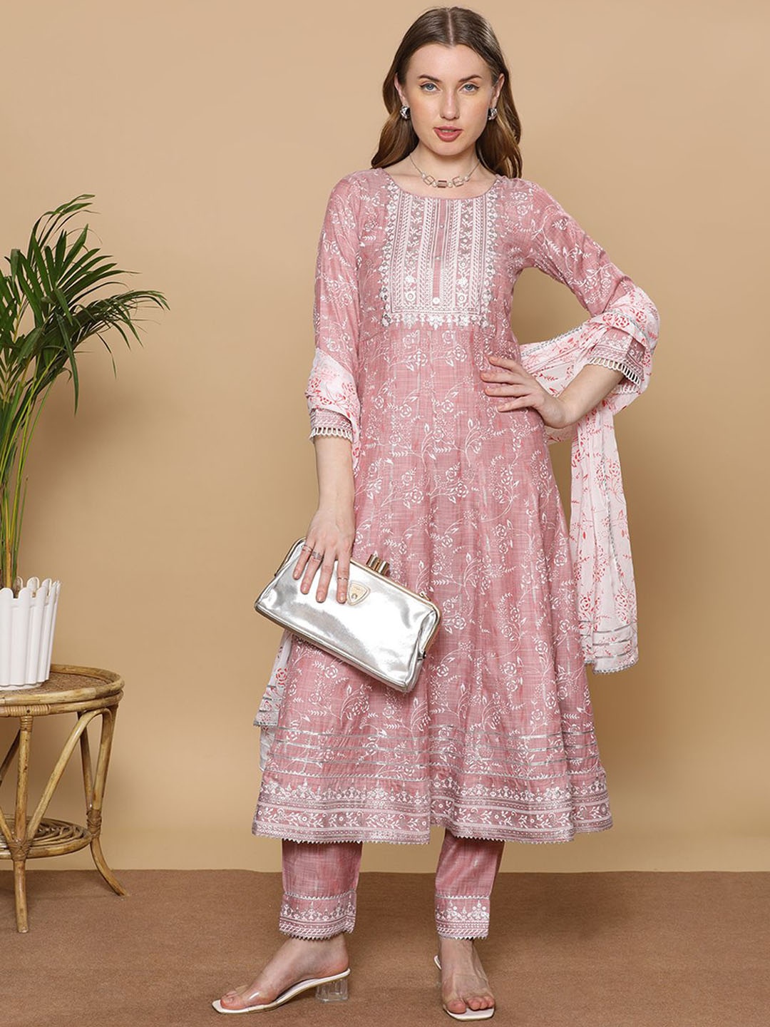 

DUMMY SHAPE Floral Printed A Line Kurta With Trousers & Dupatta, Mauve