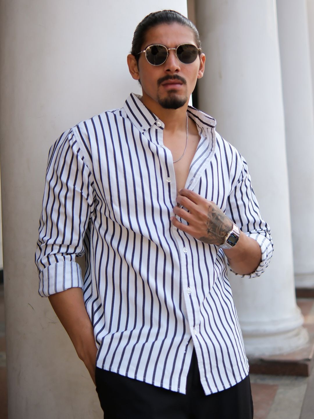 

Powerlook Men Opaque Striped Casual Shirt, White