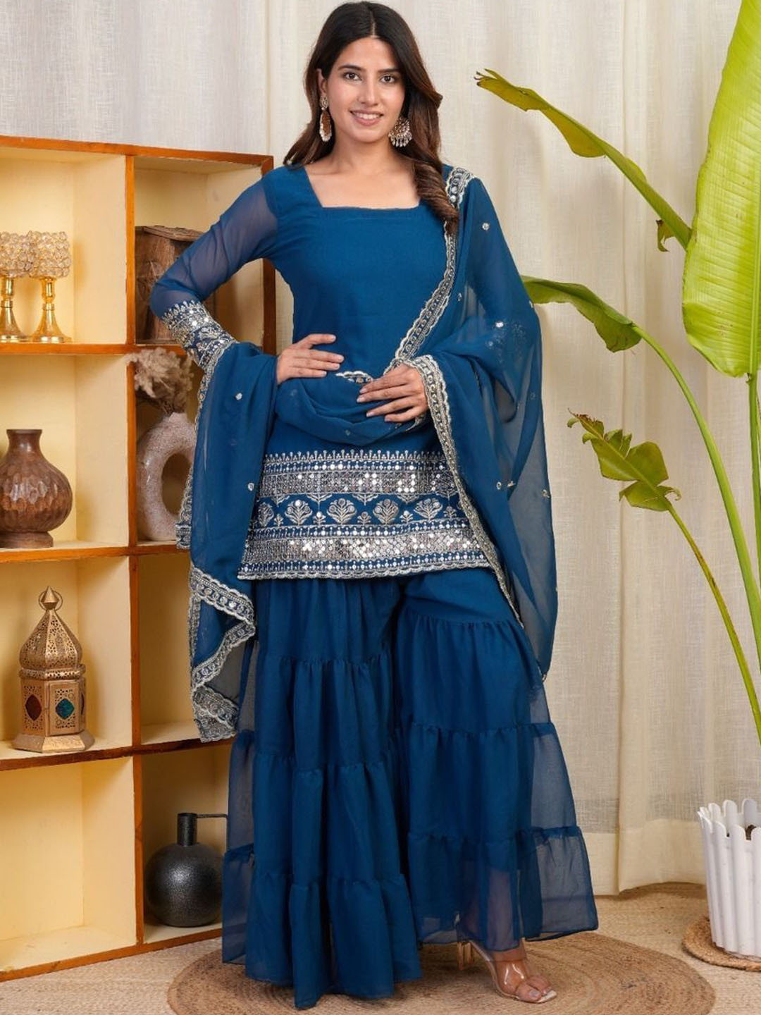 

Graden Women Embroidered Regular Sequinned Kurta with Sharara & With Dupatta, Teal