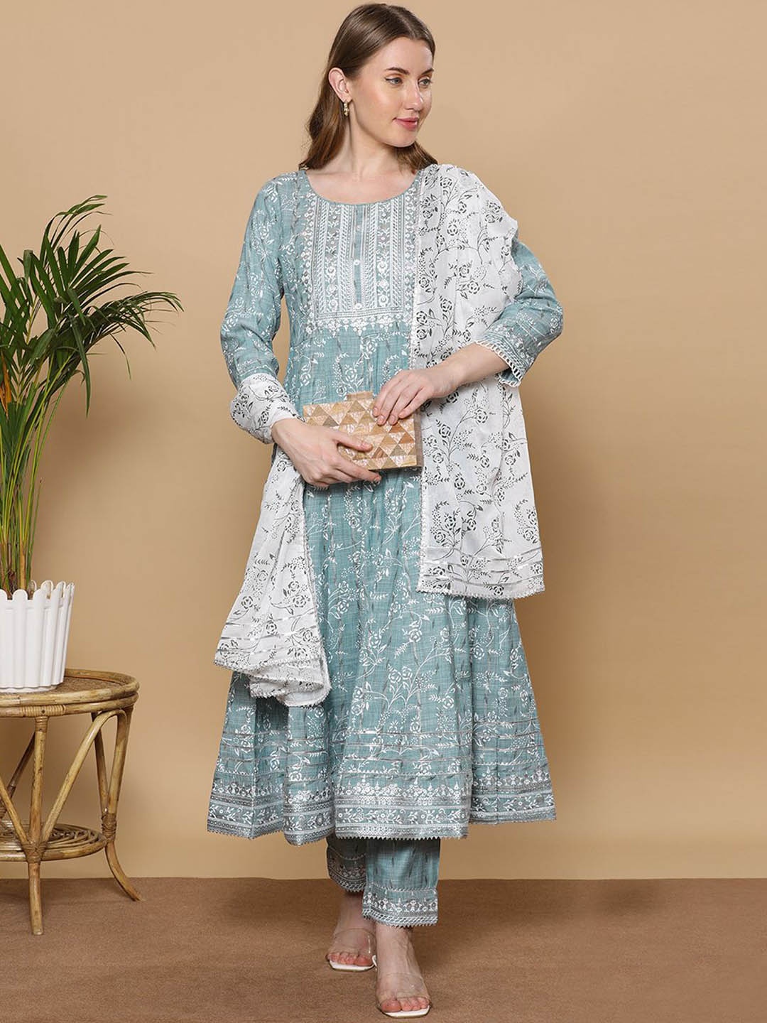 

DUMMY SHAPE Floral Printed A Line Kurta With Trousers & Dupatta, Green