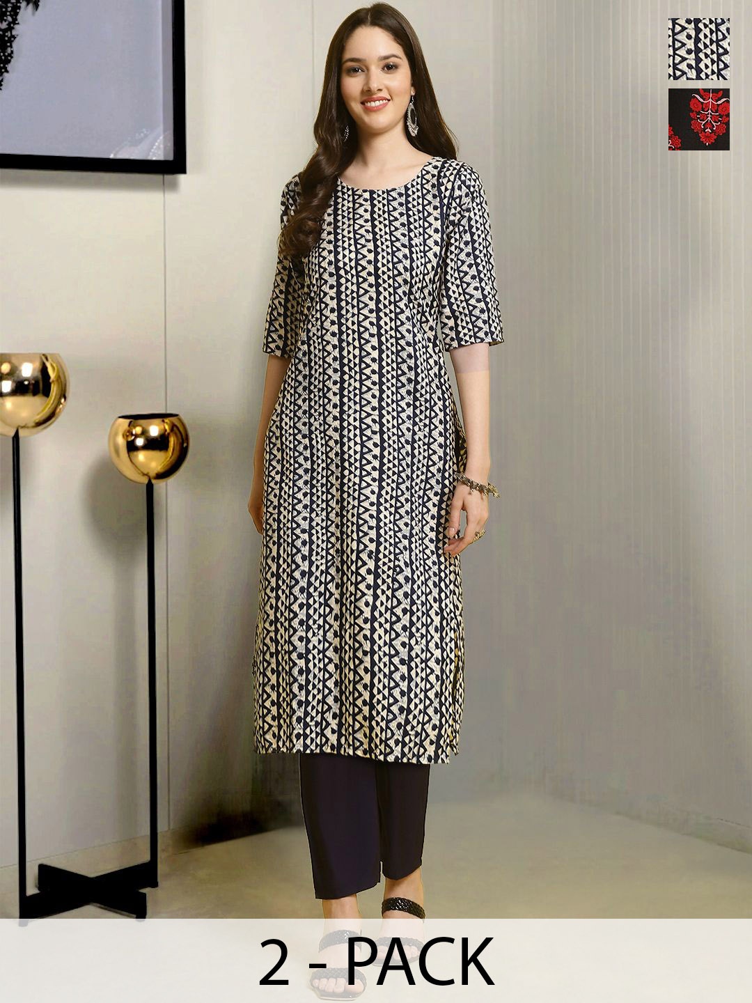 

Moda Rapido Selection Of 2 Ethnic Motifs Printed Round Neck Straight Kurtas With Trousers, Black