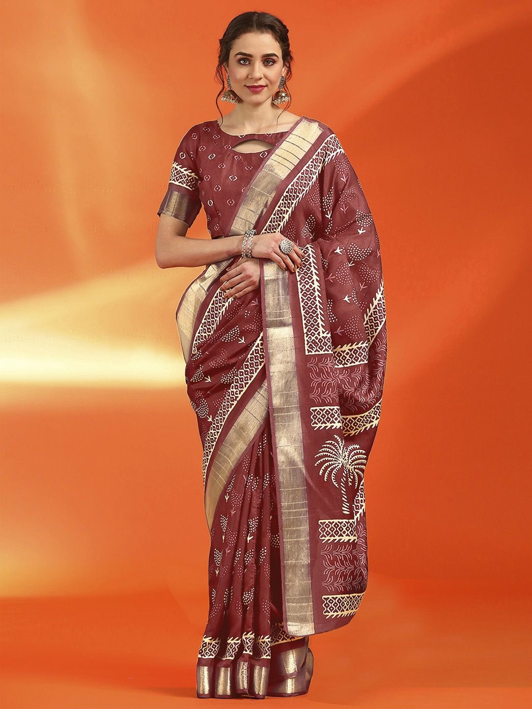 

Anouk Rustic Bagh Zari Silk Cotton Sungudi Saree, Rust