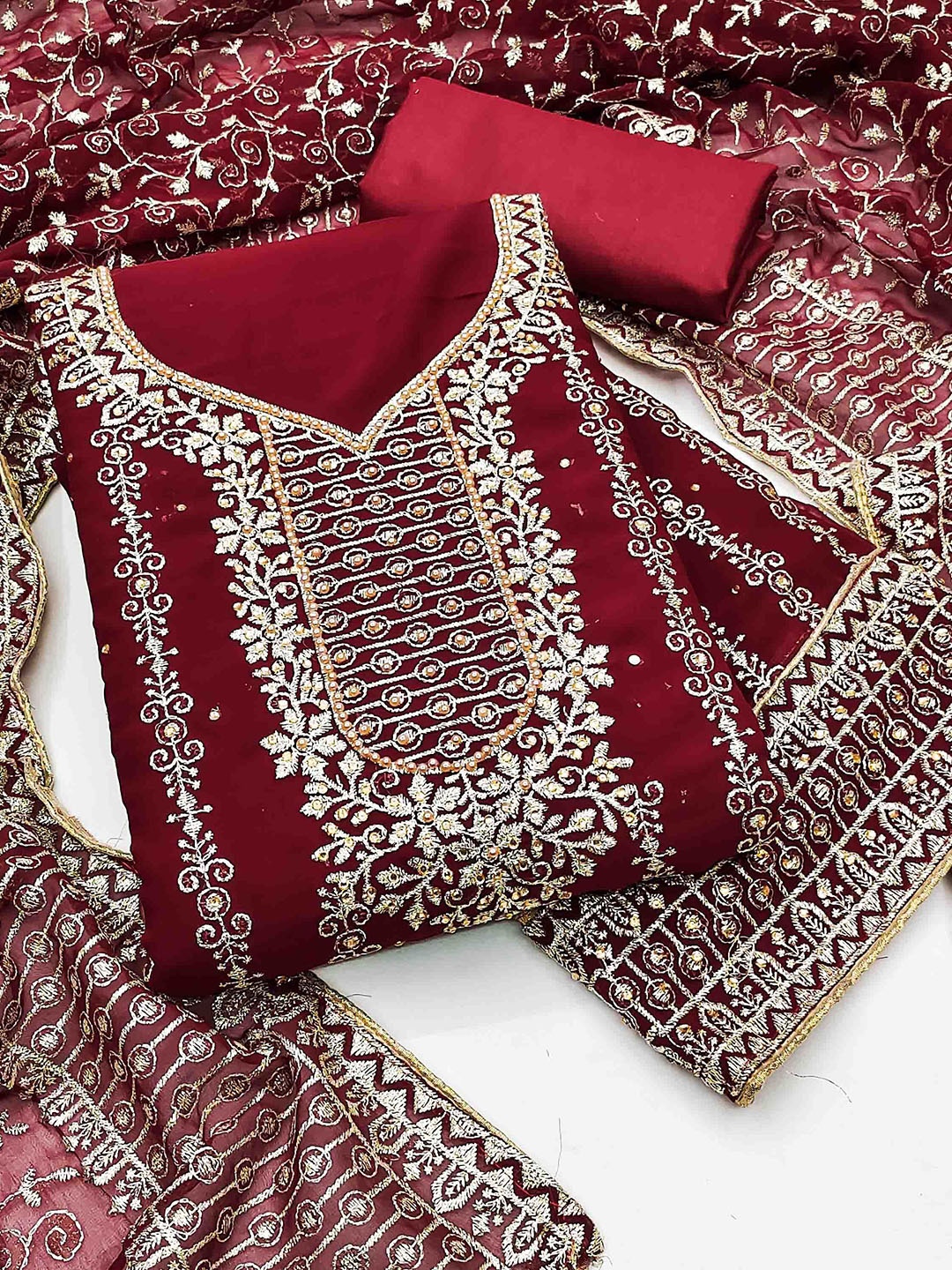 

KIMISHA Embroidered Unstitched Dress Material, Maroon