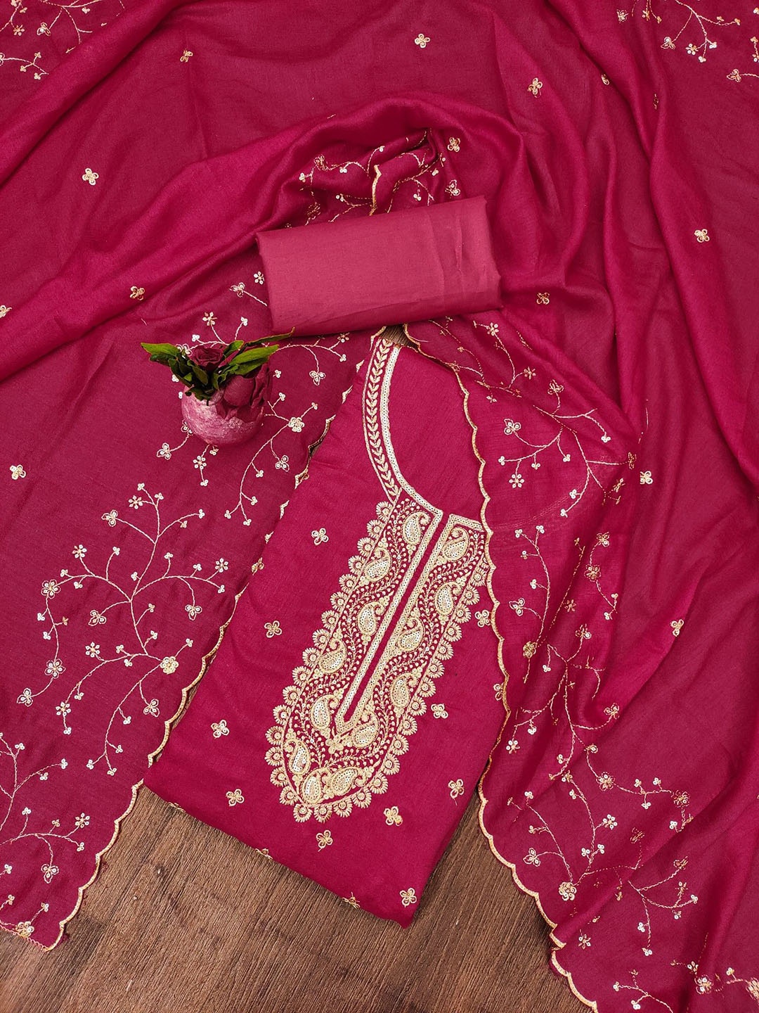 

Rangtulika Ethnics Floral Embroidered Unstitched Dress Material, Pink