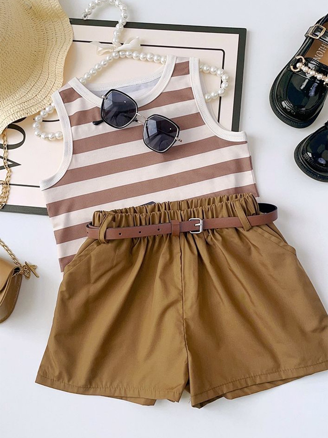 

LULU & SKY Girls Striped Tank Top with Shorts, Khaki