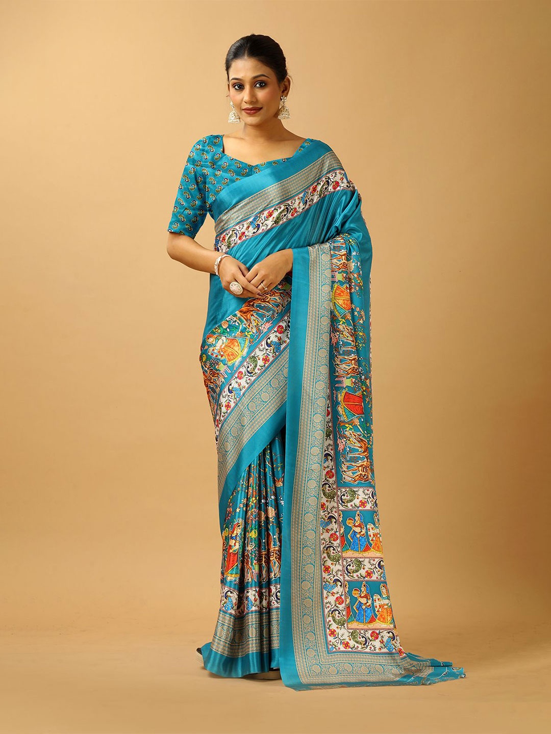 

VIRENDRA TEXTILES Floral Pure Crepe Saree, Turquoise blue