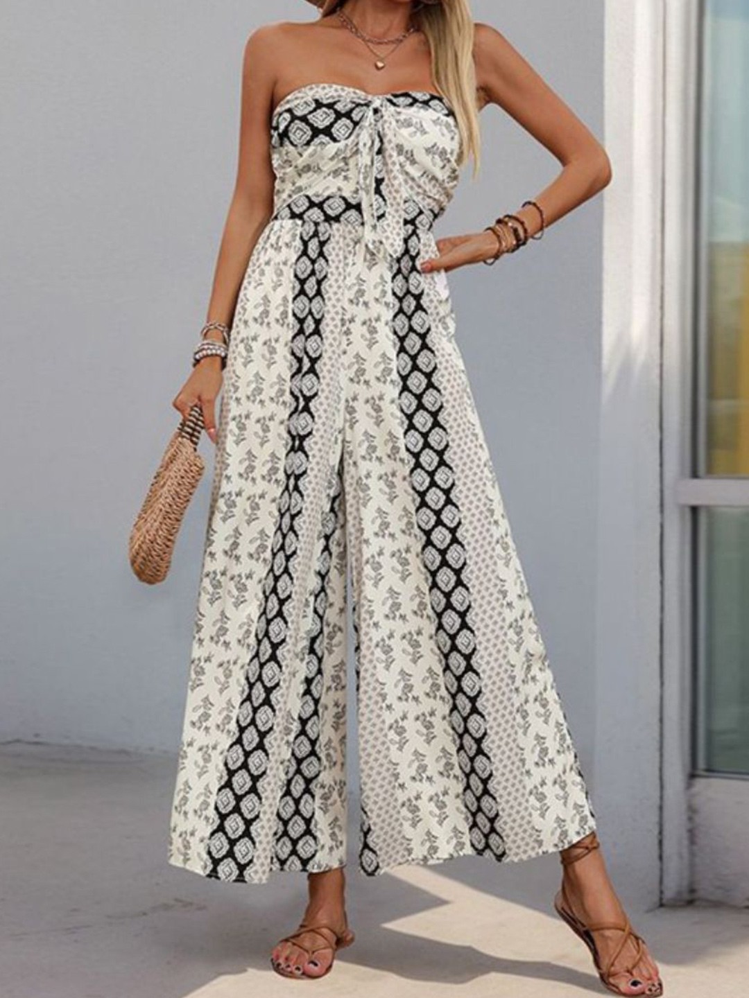 

HERE&NOW Off-Shoulder Printed Culotte Jumpsuit, White