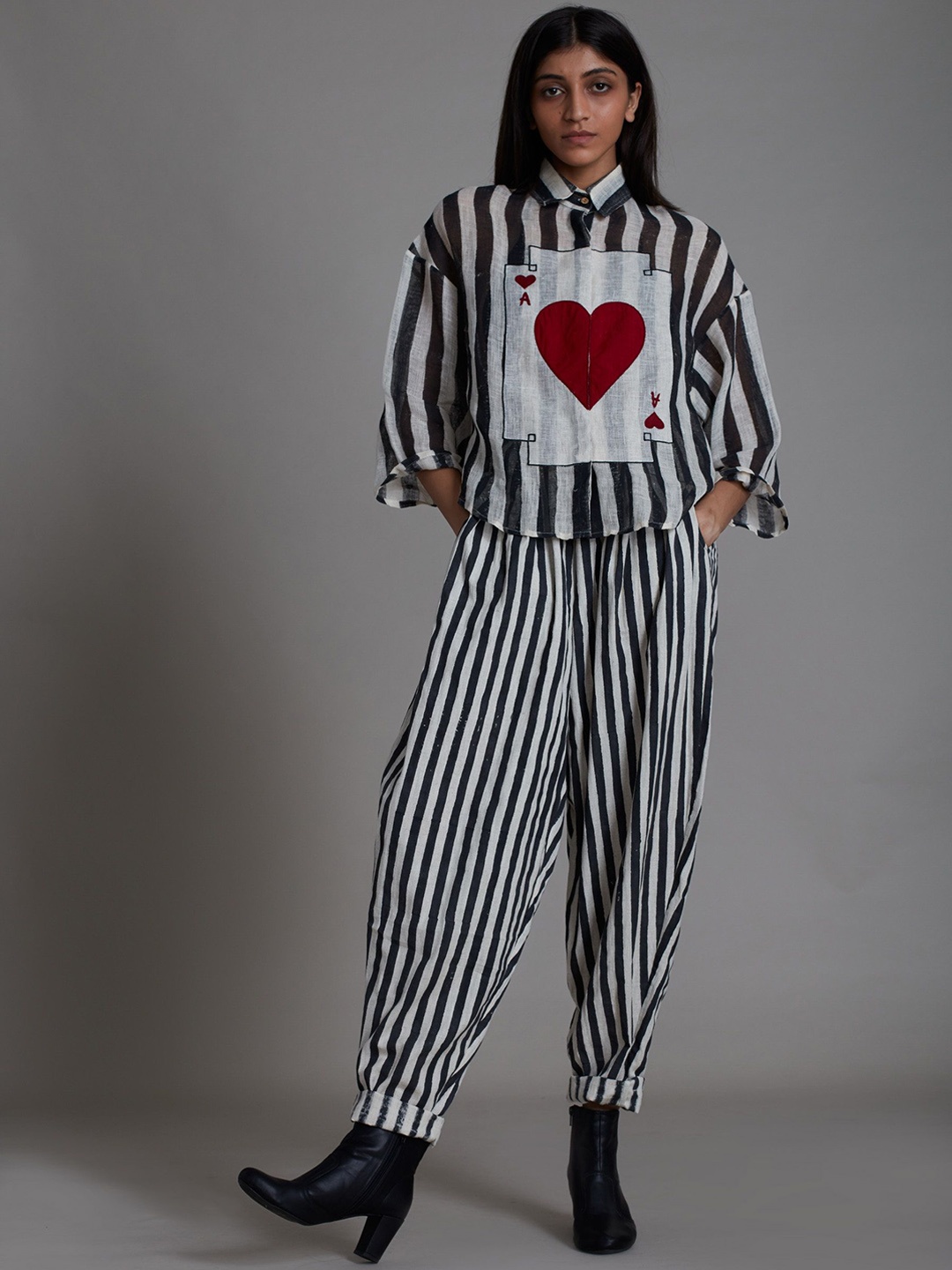 

MATI Striped Shirt Collar Neck Linen Shirt With Trousers, White