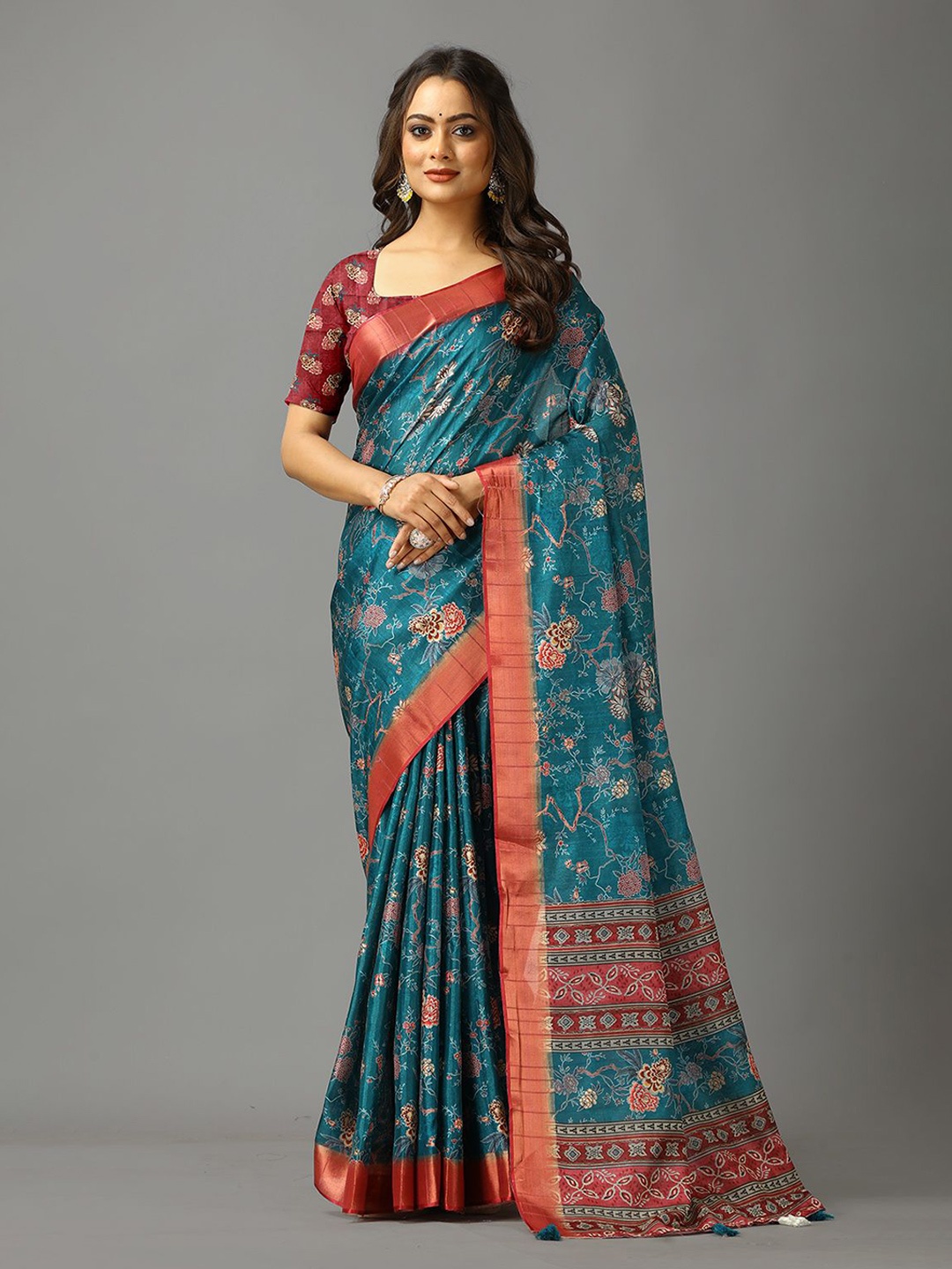 

NIRMAL CREATION Floral Zari Saree, Turquoise blue