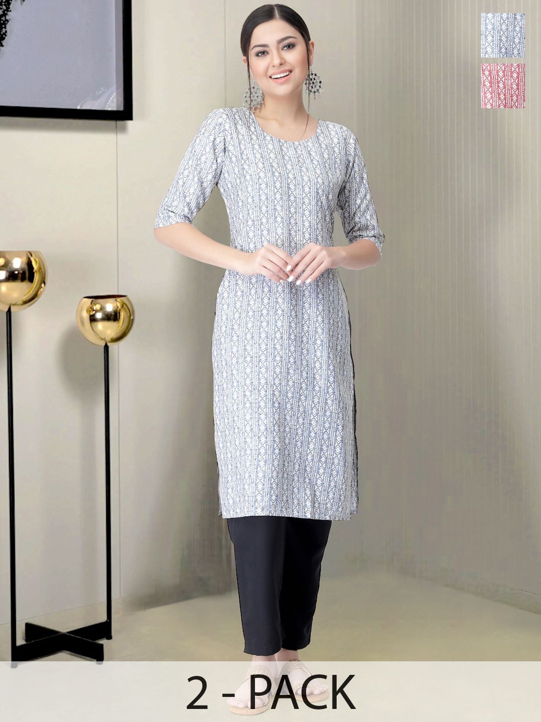

Moda Rapido Selection Of 2 Geometric Printed Round Neck Straight Kurtas With Trousers, Blue