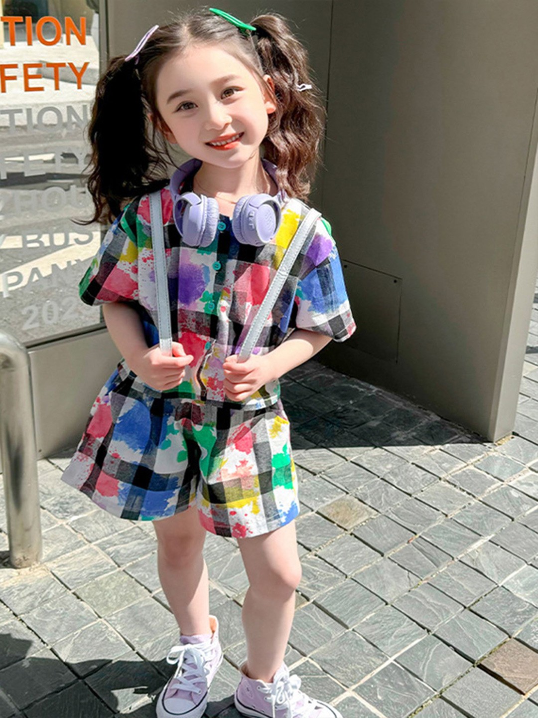 

LULU & SKY Girls Check & Splatter Printed T-shirt With Shorts, Blue