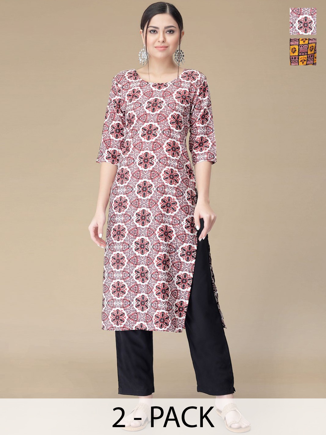 

Moda Rapido Selection Of 2 Floral Printed Round Neck Straight Kurta With Trousers, White