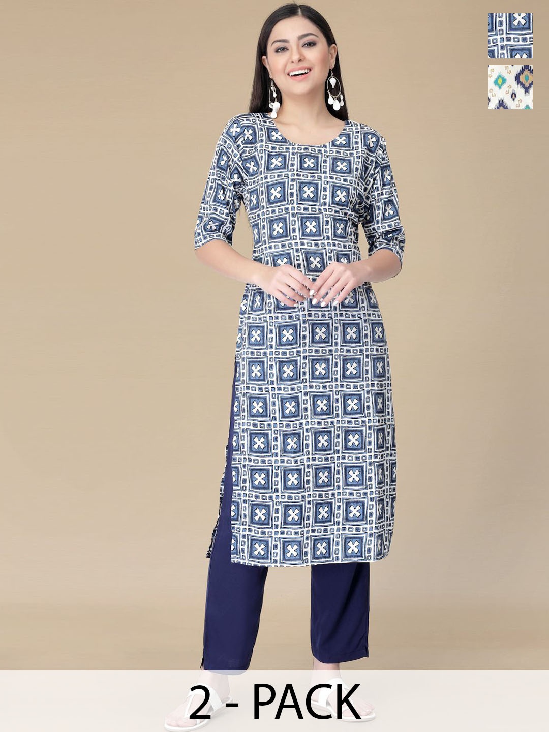 

Moda Rapido Selection of 2 Ethnic Motifs Printed Straight Kurtas With Trousers, White