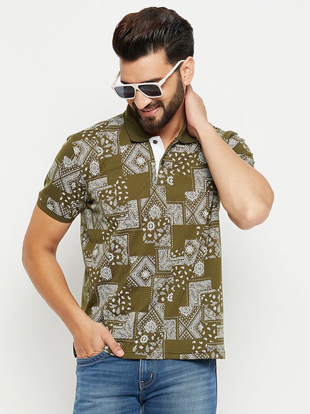

XFOX Men Printed Polo Collar T-shirt, Olive