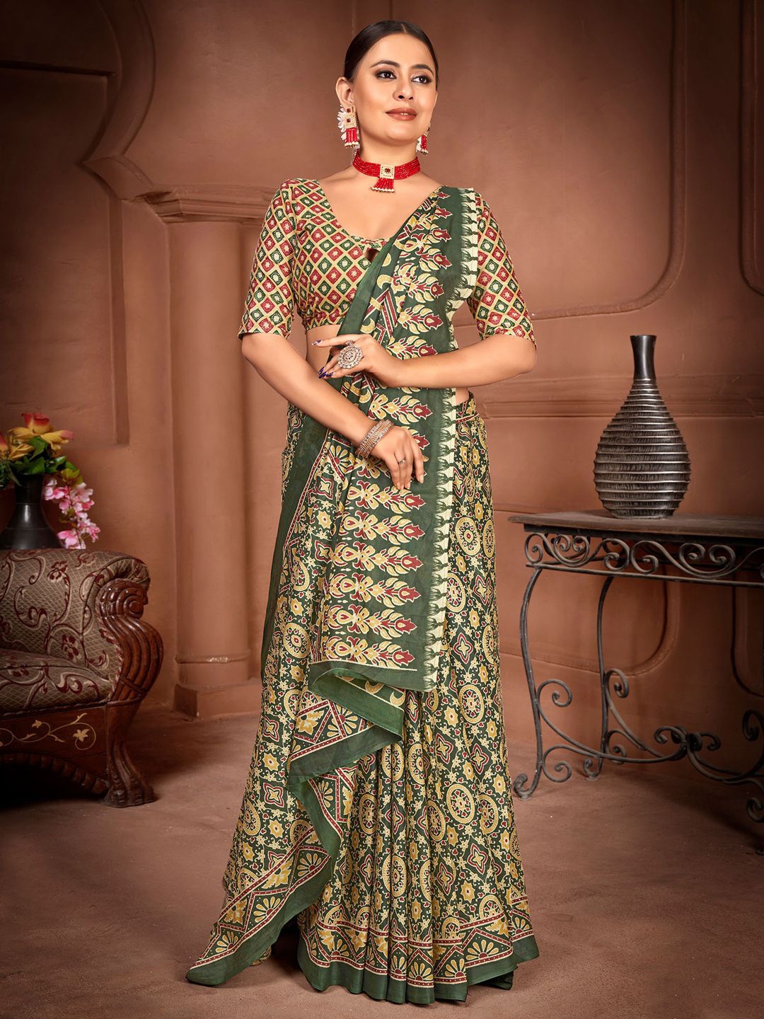 

Anouk Rustic Ethnic Motifs Bagru Saree, Olive