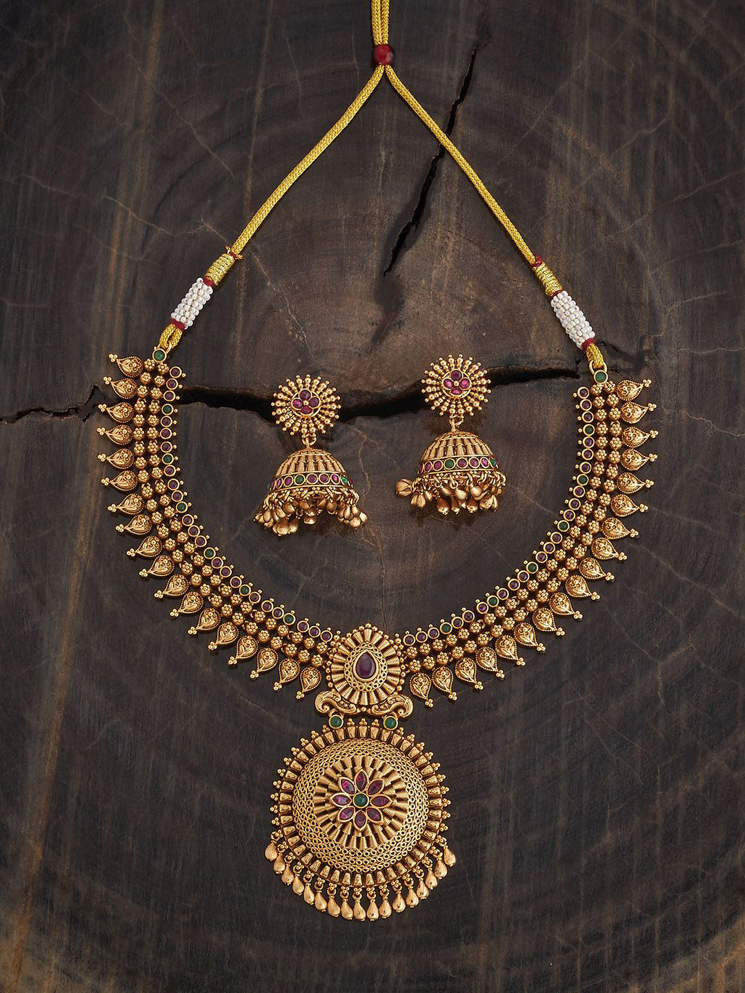 

Kushal's Fashion Jewellery Ruby-Green Gold-Plated Ethnic Antique Jewellery Set
