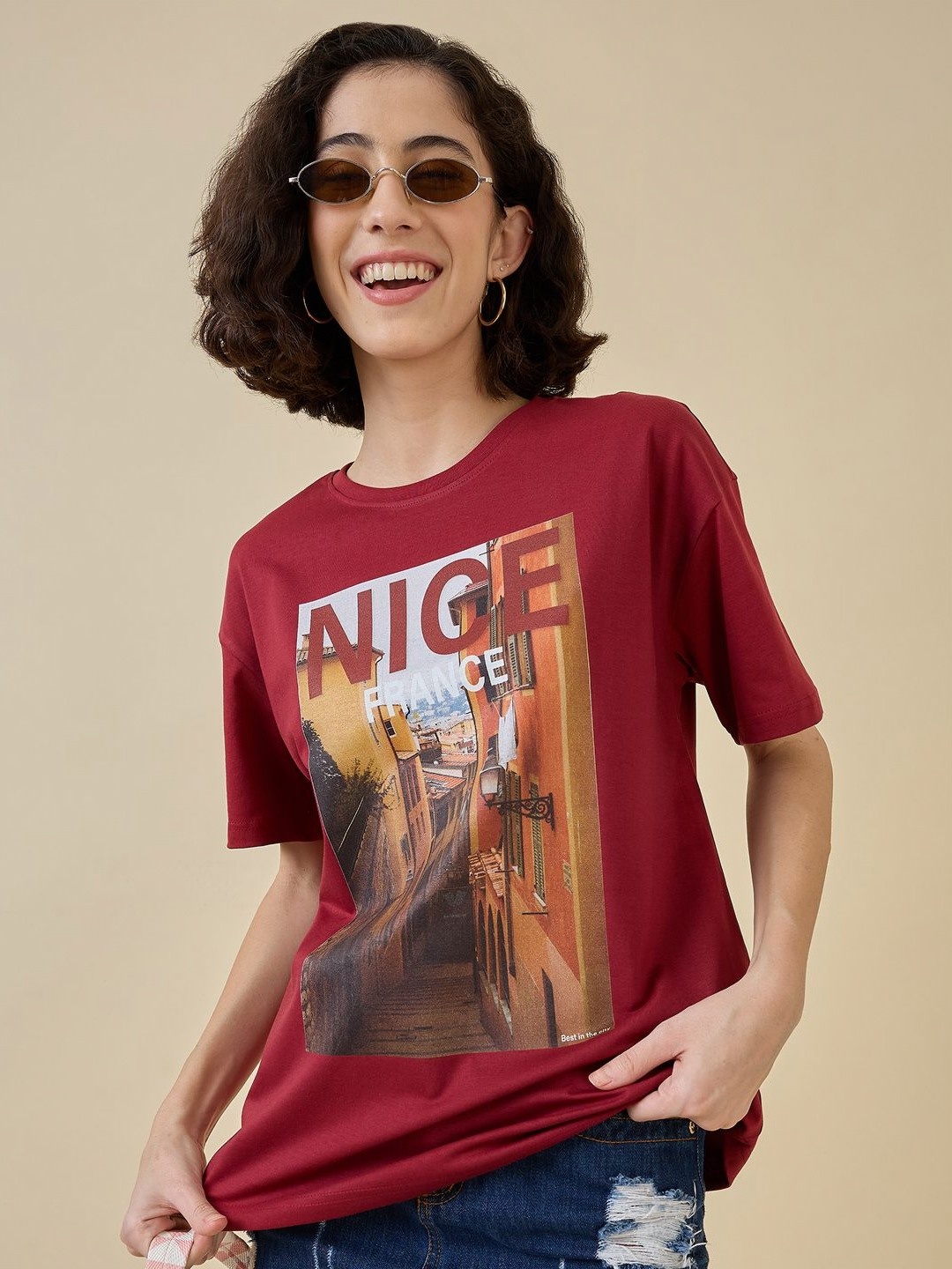 

Mast & Harbour Women Printed T-shirt, Maroon
