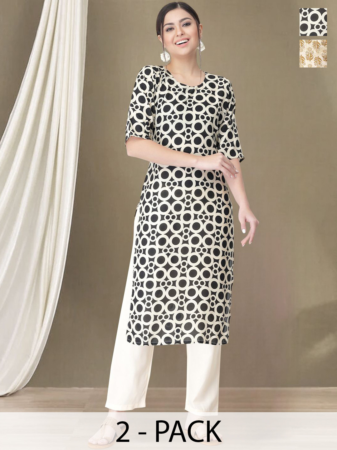

Moda Rapido Selection of 2 Geometric Printed Straight Kurtas With Trousers, Black