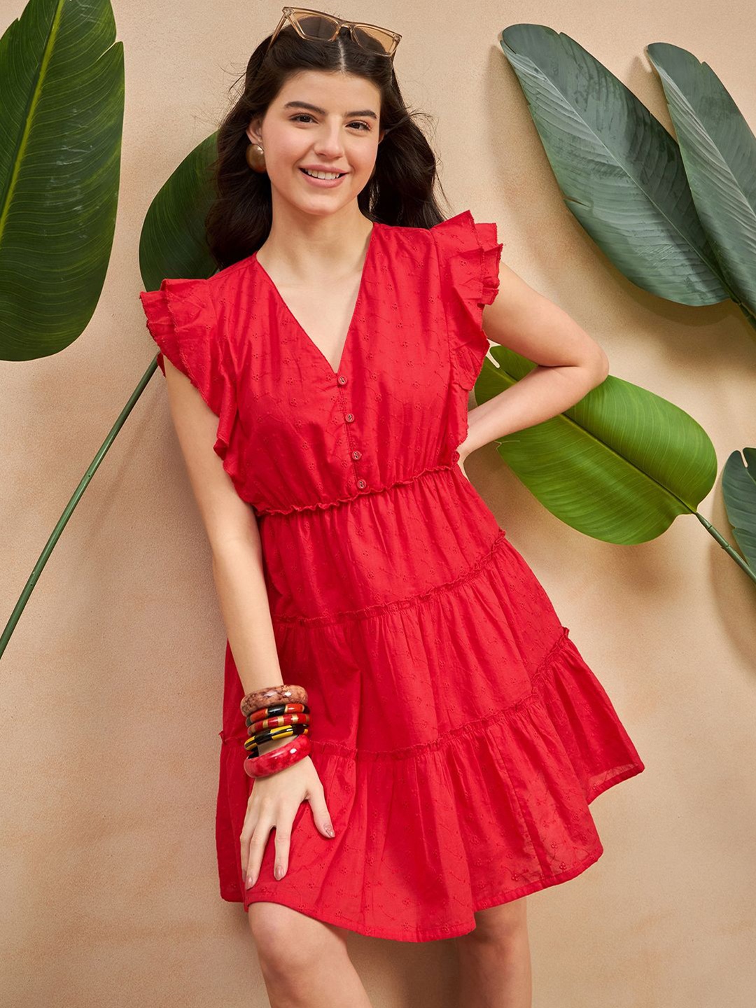 

ZUMMER Flutter Sleeve Fit & Flare Dress, Red