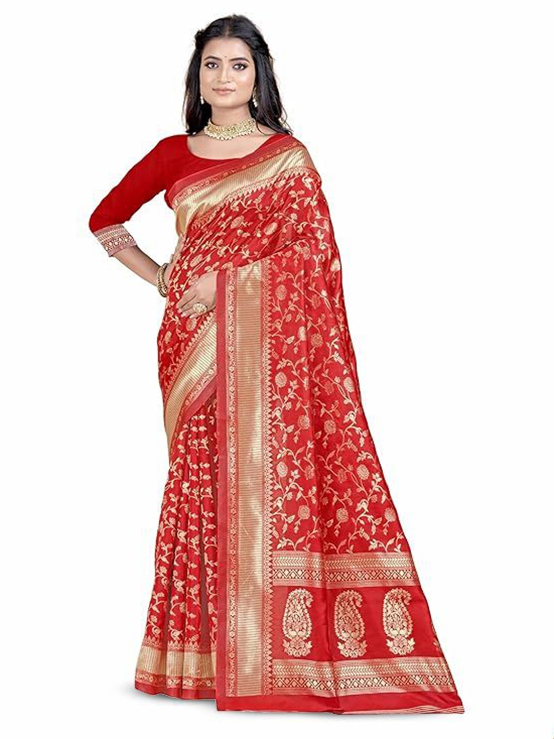 

KALINI Woven Design Zari Pure Silk Kanjeevaram Saree, Red