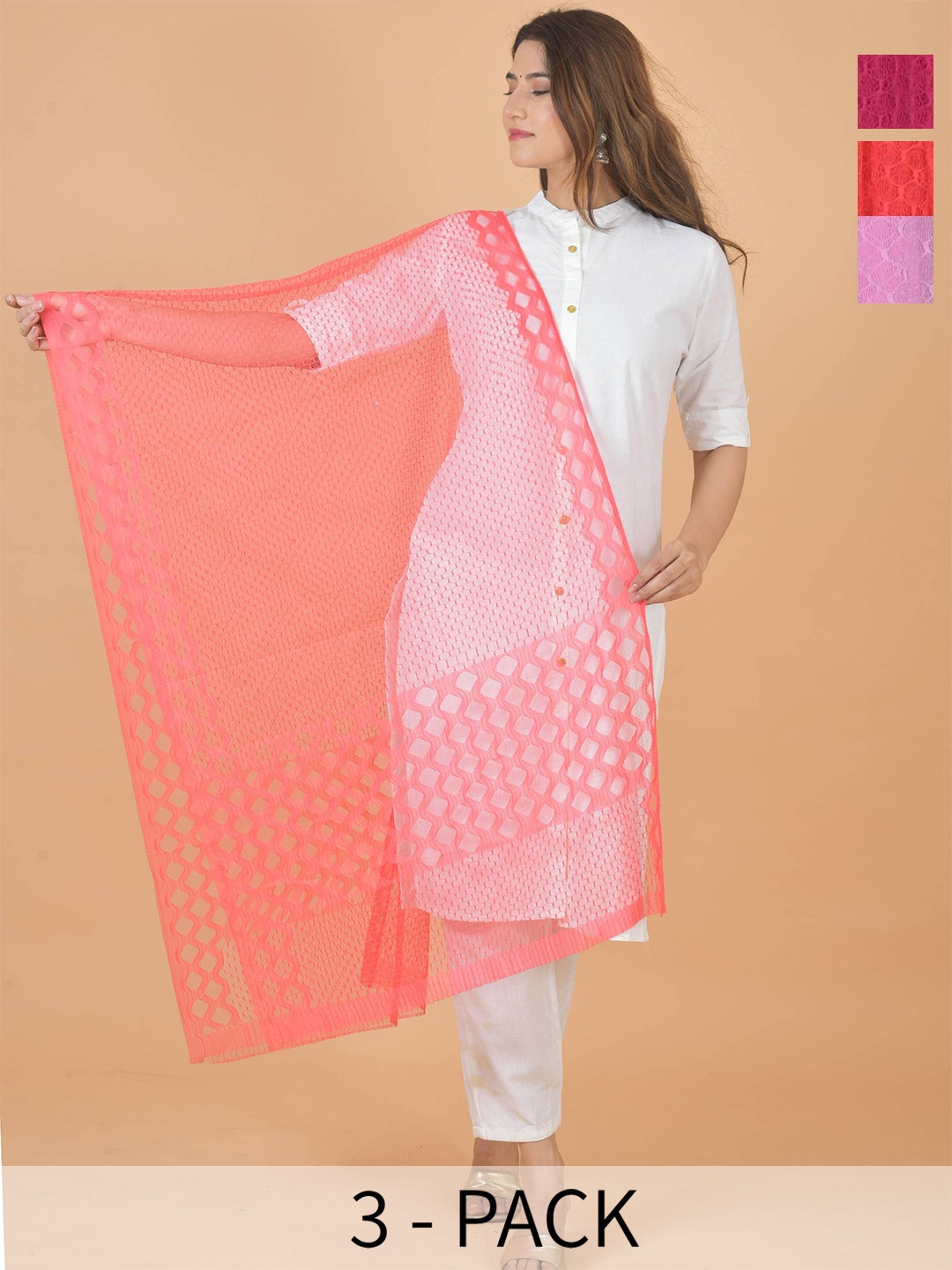 

LA FEMINAE Selection Of 3 Geometric Woven Design Dupatta, Pink