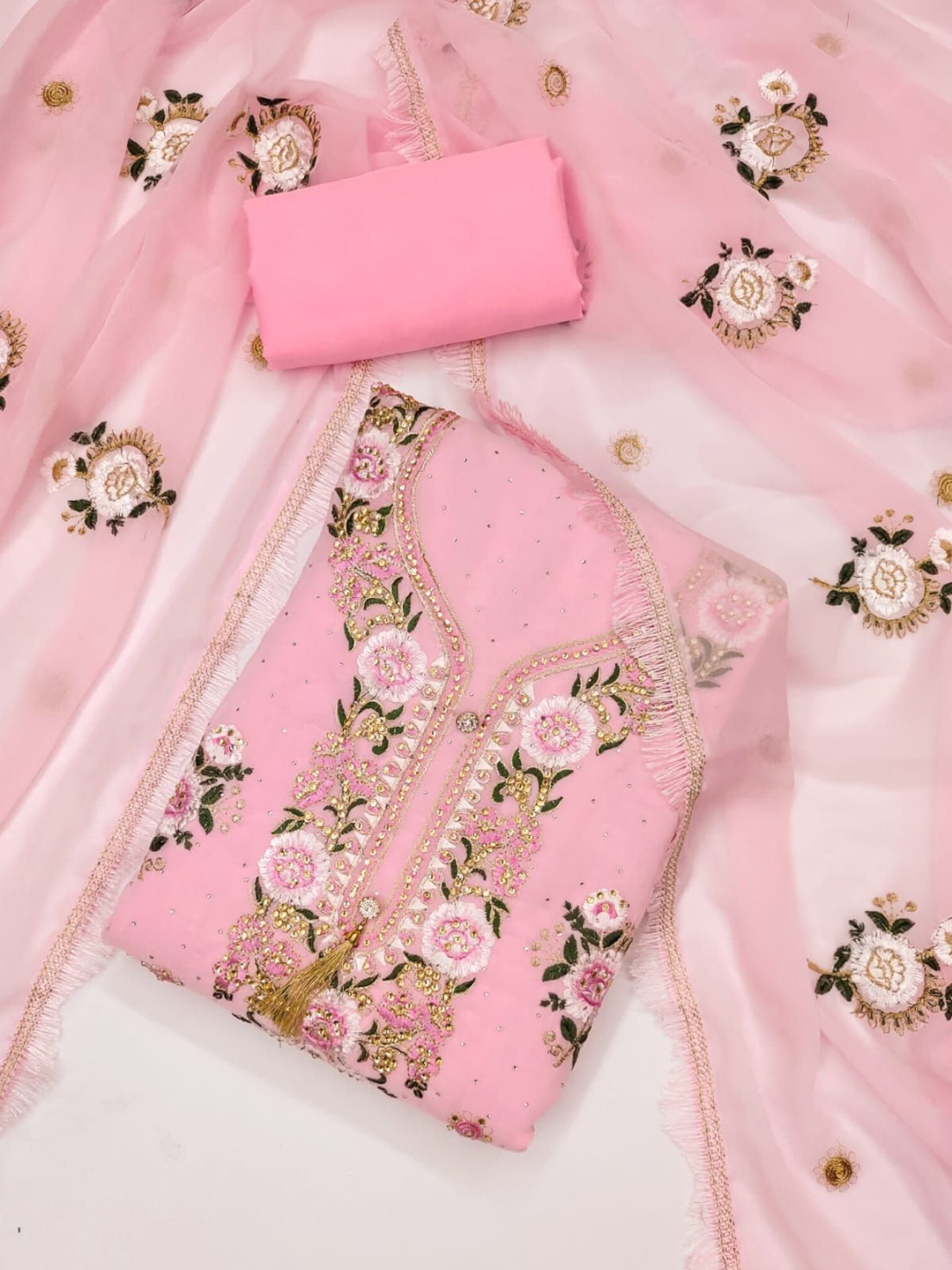 

Rangtulika Floral Embroidered Beads and Stones Work Unstitched Dress Material, Pink