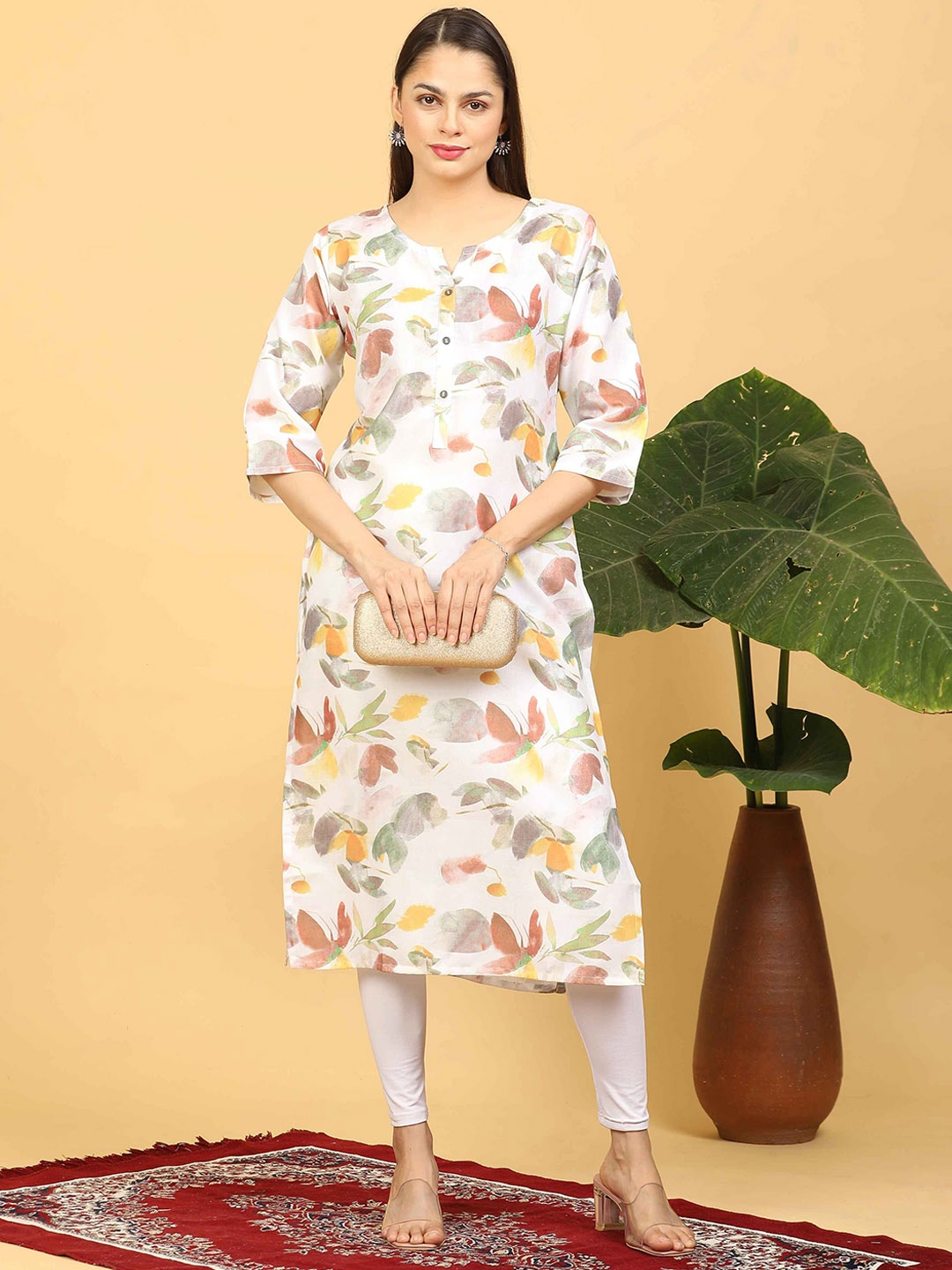 

GOLDSTROMS Floral Printed Linen Straight Kurta, White