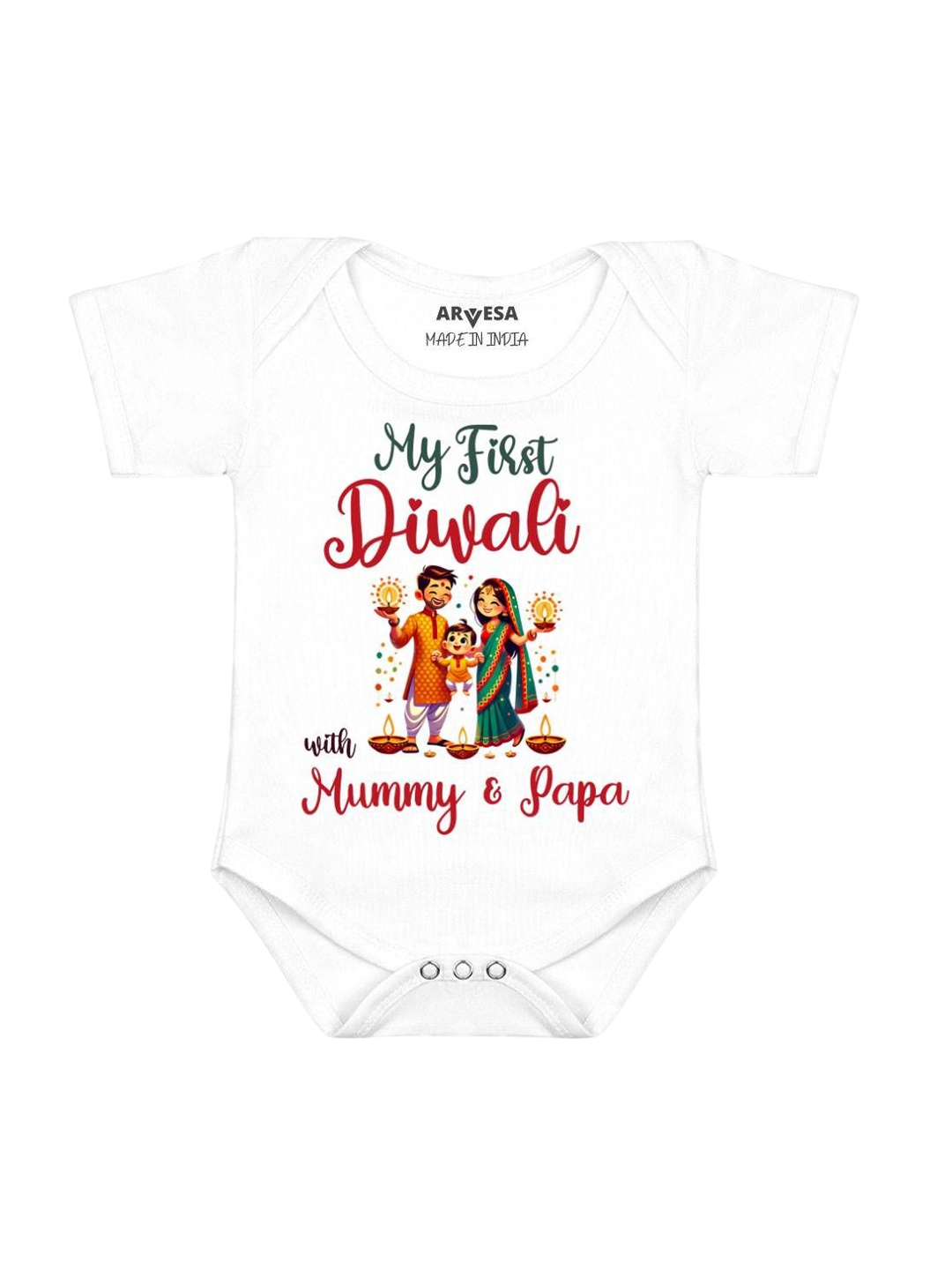 

Arvesa Kids First Diwali Printed Envelope Neck Short Neck Romper, White